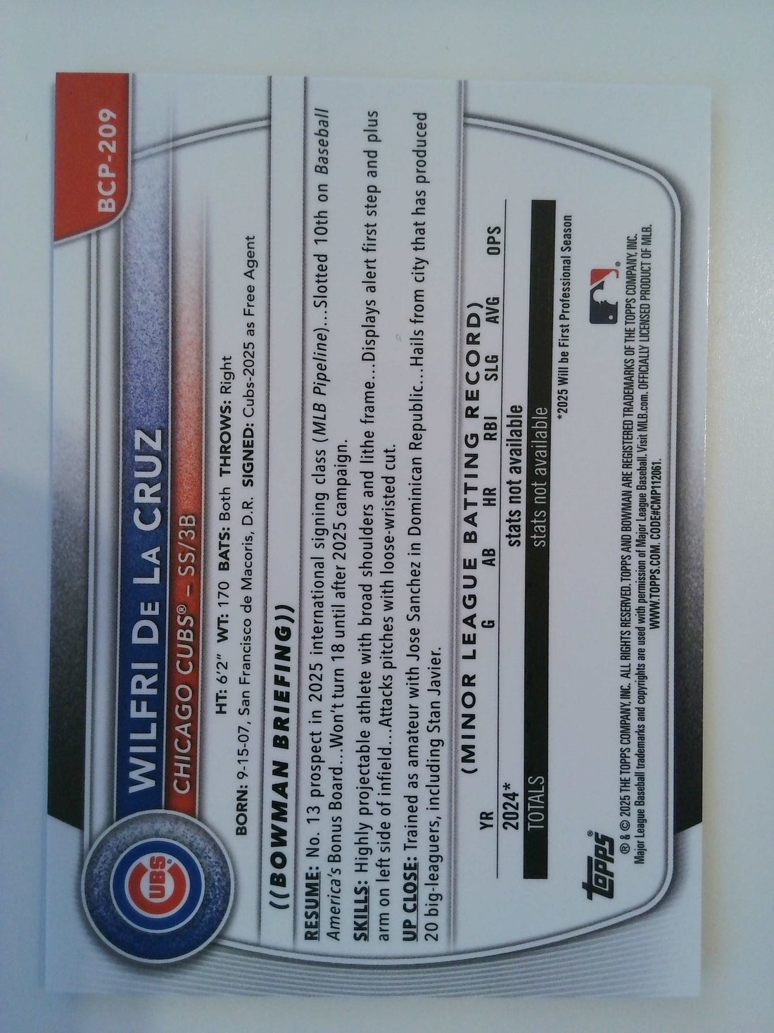 2025 Bowman Chrome Prospects Pink Shimmer 149/199 Wilfri De La Cruz #BCP-209