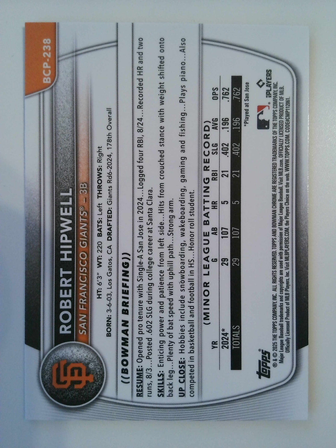 2025 Bowman Chrome Prospects Blue Wave Refractor 090/150 Robert Hipwell #BCP-238