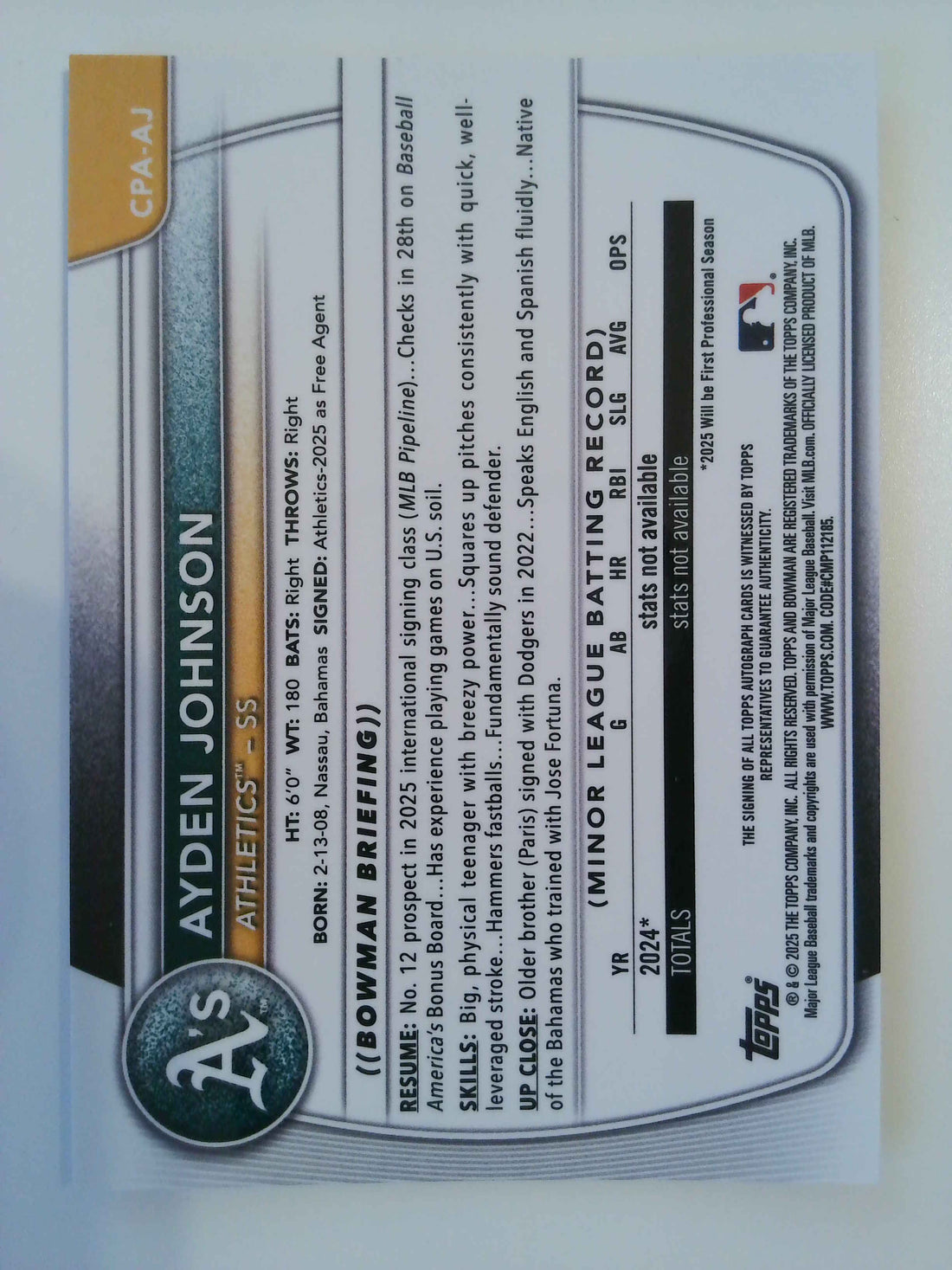 2025 Bowman Chrome Prospects Autograph Ayden Johnson #CPA-AJ