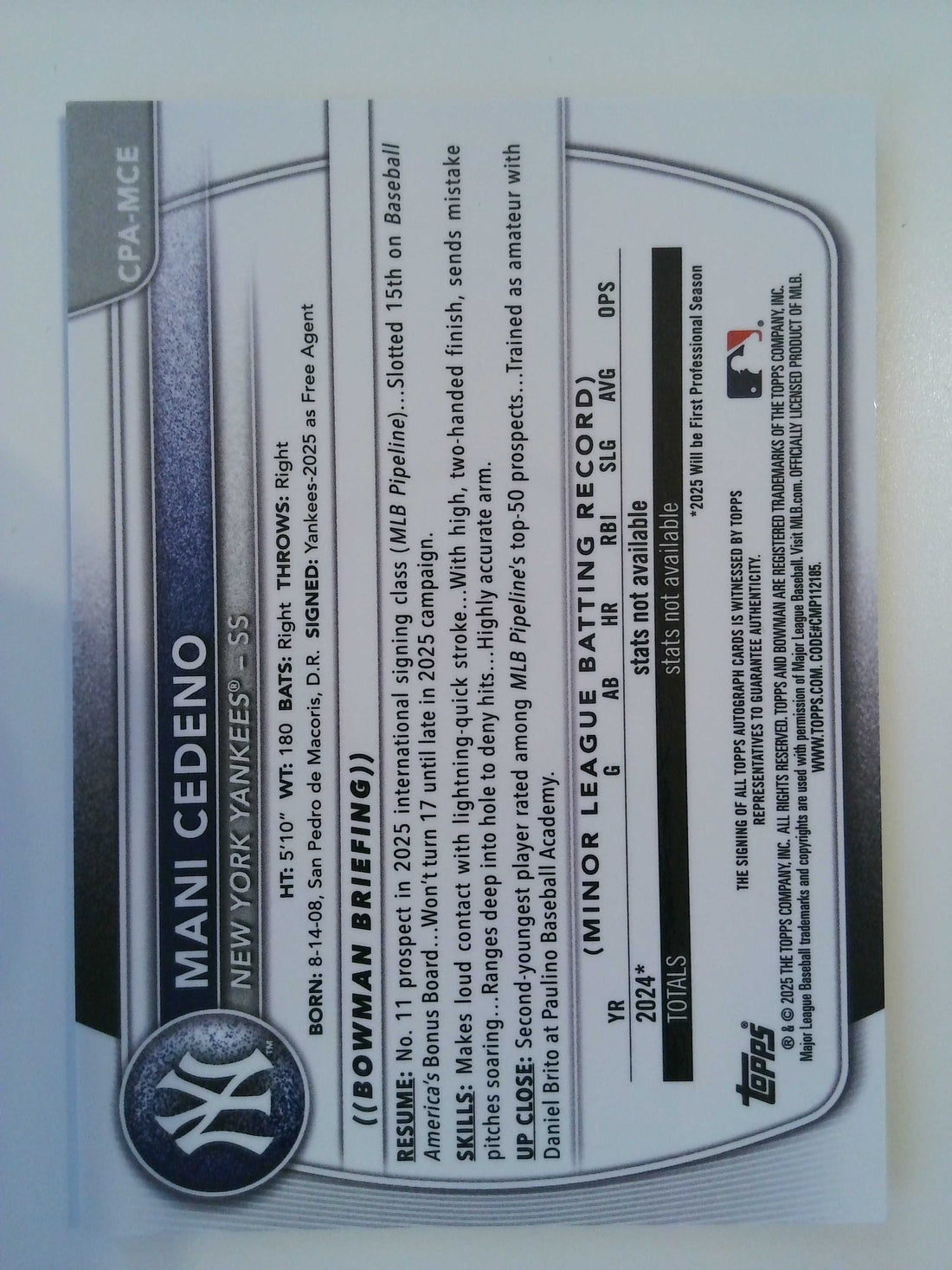 2025 Bowman Chrome Prospects Autograph Mani Cedeno #CPA-MCE