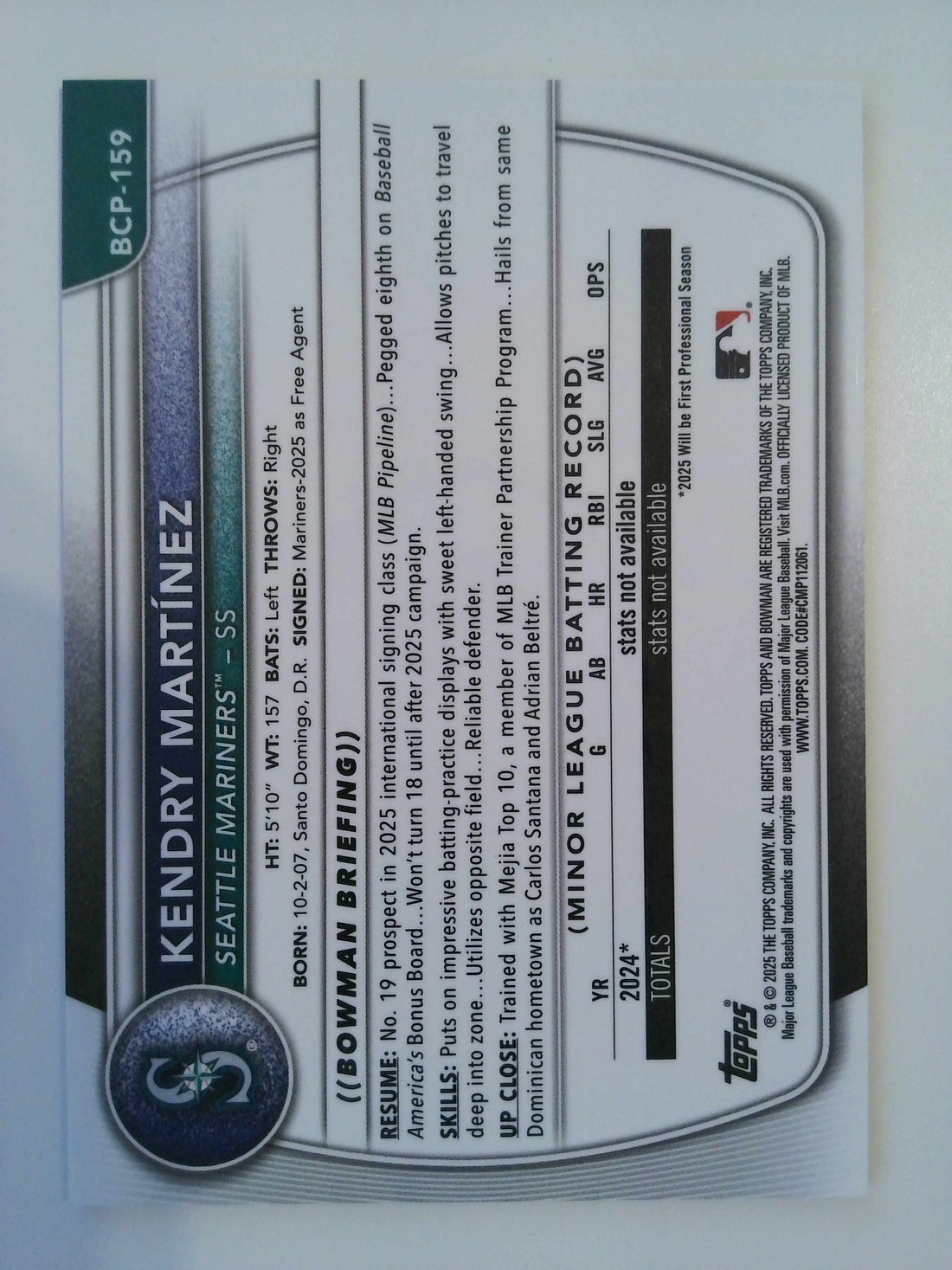 2025 Bowman Chrome Prospects Orange Reptilian 17/25 Kendry Martinez #BCP-159