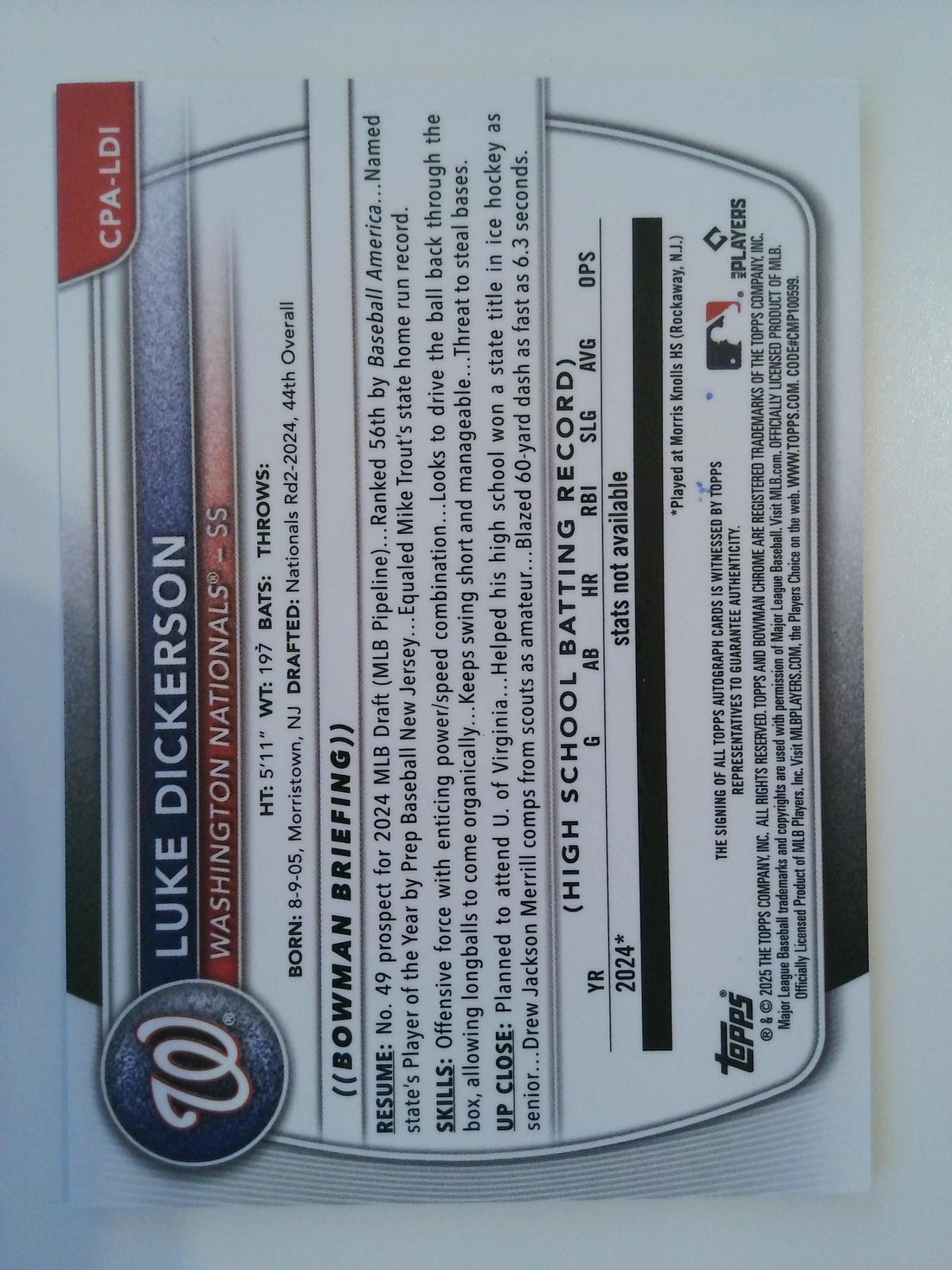 2025 Bowman Chrome Prospects Autograph Luke Dickerson #CPA-LDi