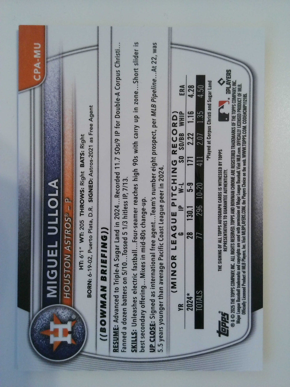 2025 Bowman Chrome Prospects Autograph Miguel Ullola #CPA-MU