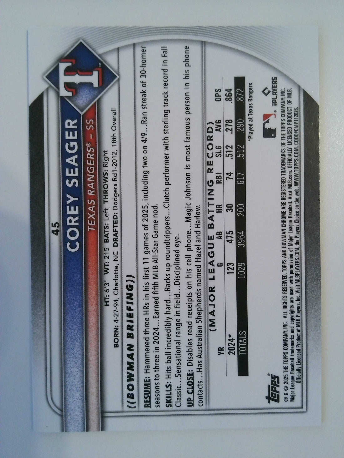 2025 Bowman Chrome Blue Geometric Refractor 127/150 Corey Seager #45