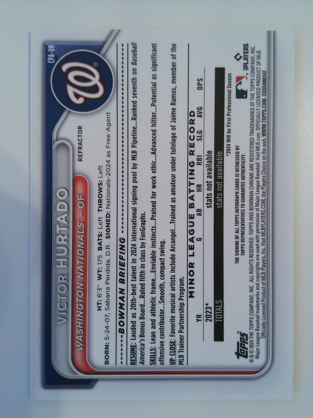 2024 Bowman Chrome Prospects Autograph Refractor 134/499 Victor Hurtado #CPA-VH