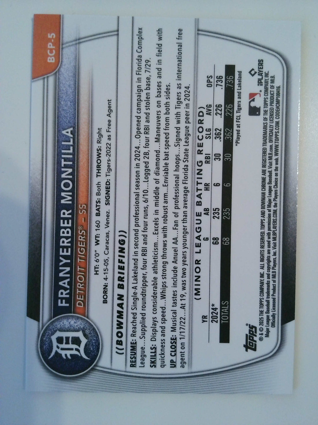 2025 Bowman Chrome Prospects Green Geometric Refractor 88/99 Franyerber Montilla #BCP-5