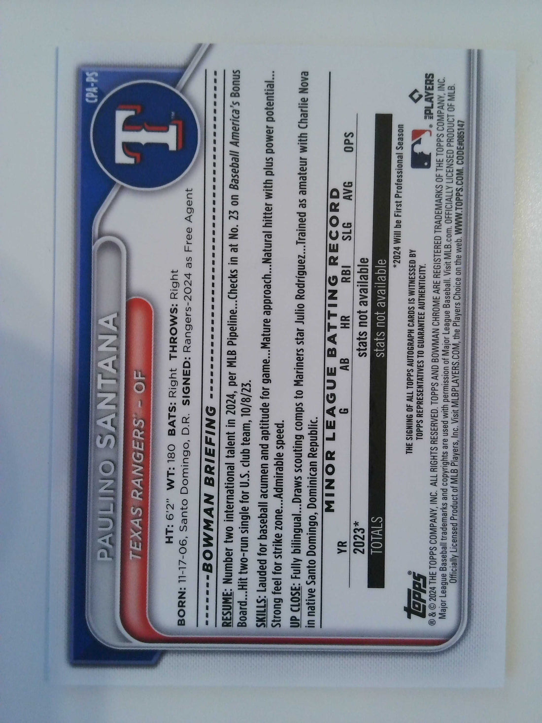 2024 Bowman Chrome Prospects Autograph Paulino Santana #CPA-PS
