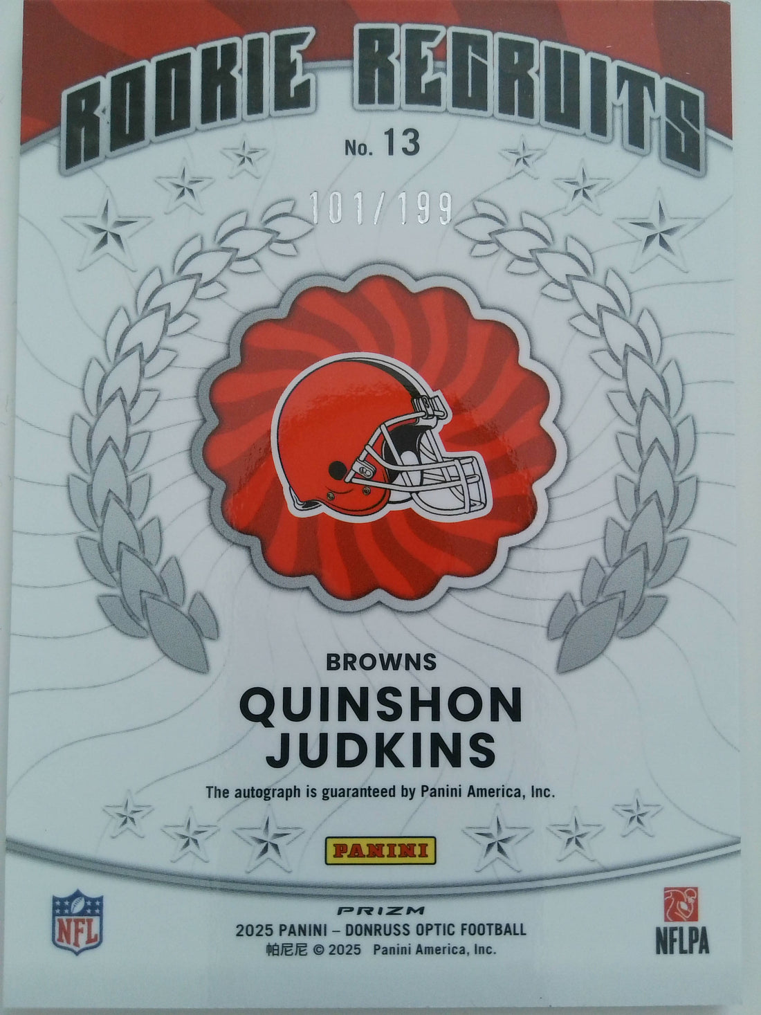 2025 Donruss Optic Football Rookie Recruits Autographs 101/199 Quinshon Judkins #13 RC
