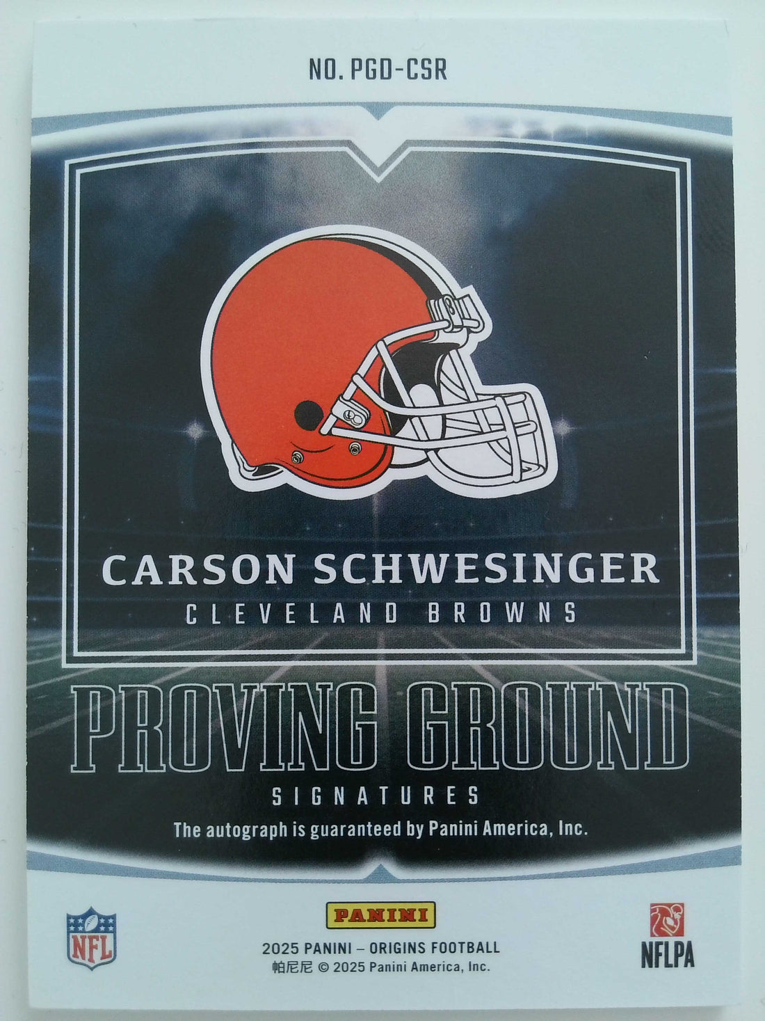 2025 Panini Origins Football Proving Ground Signatures 127/199 Carson Schwesinger #PGD-CSR RC