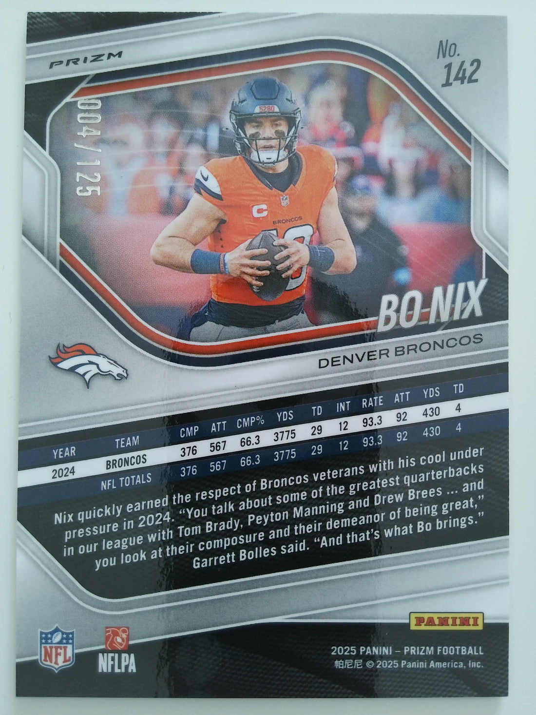 2025 Panini Prizm Purple 004/125 Bo Nix #142