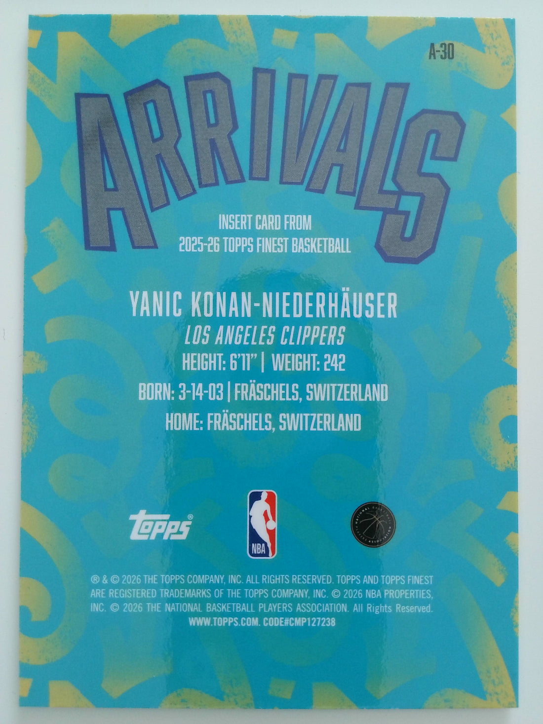 2025-26 Topps Finest Basketball Arrivals X-Fractor Yanic Konan-Niederhäuser #A-30 RC