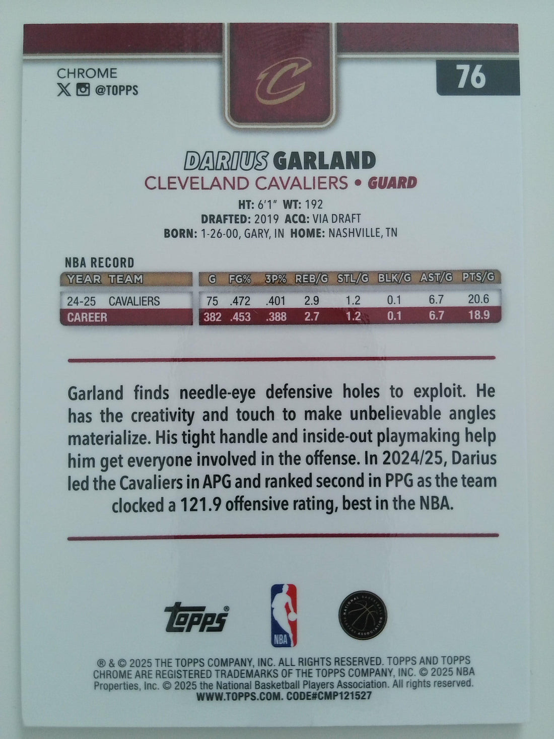 2025-26 Topps Chrome Basketball Magenta Refractor 387/399 Darius Garland #76