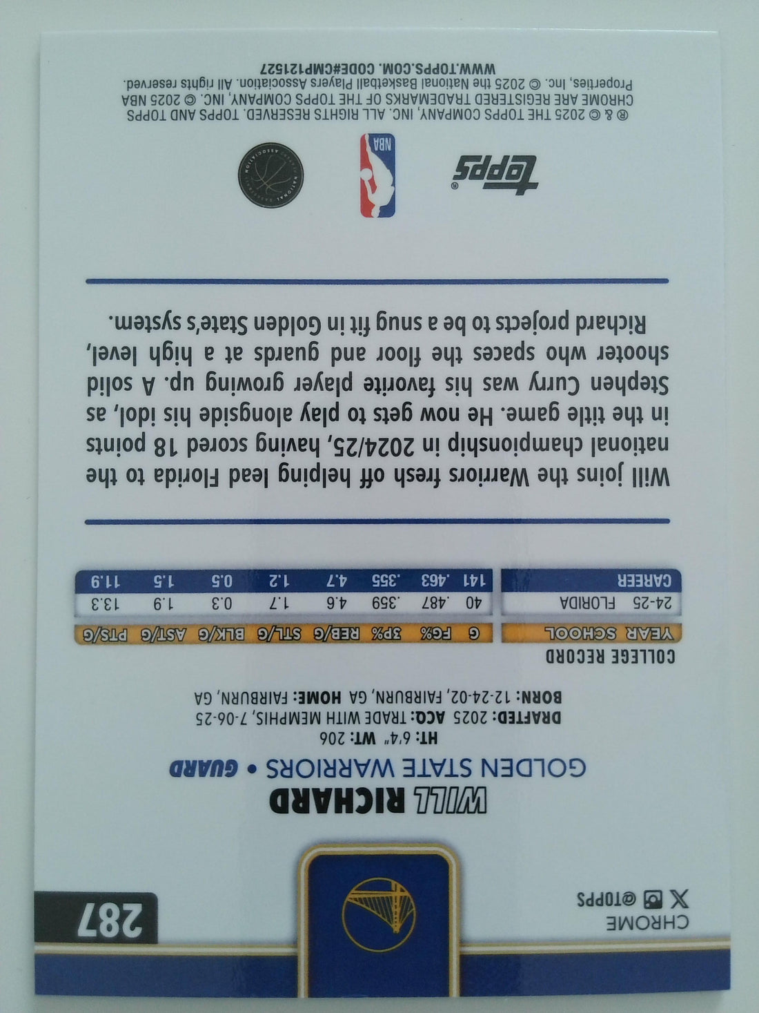 2025-26 Topps Chrome Basketball Red White and Blue Refractor Will Richard #287 RC