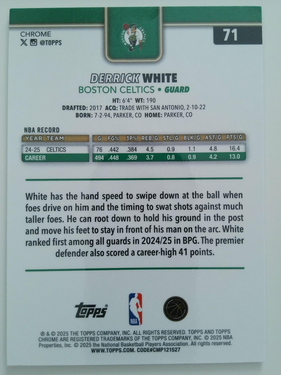 2025-26 Topps Chrome Basketball Teal Refractor 066/299 Derrick White #71