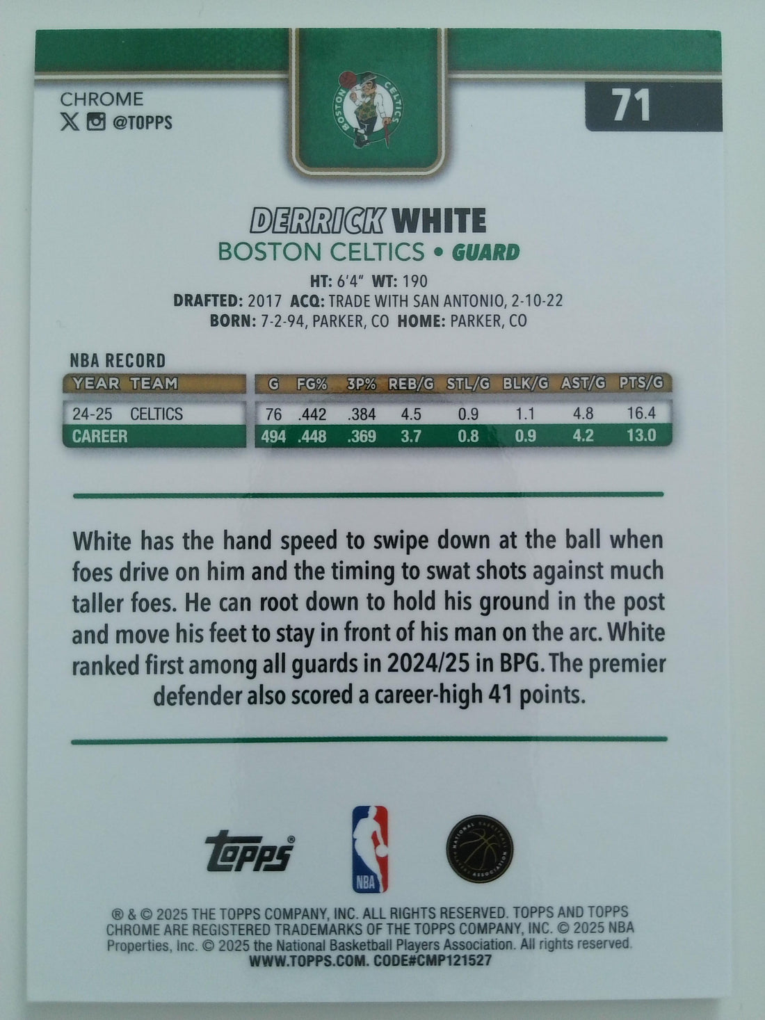 2025-26 Topps Chrome Yellow Refractor 172/275 Derrick White #71