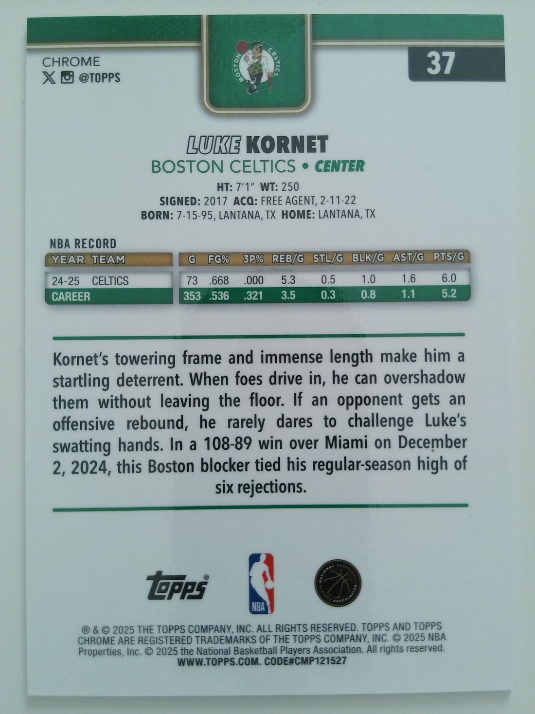 2025-26 Topps Chrome Basketball Orange Refractor 22/25 Luke Kornet #37