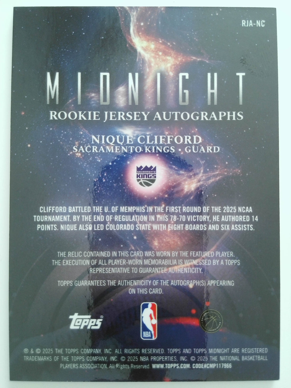 2025-26 Topps Midnight Basketball Rookie Jersey Autographs Twilight 187/199 Nique Clifford #RJA-NC RC