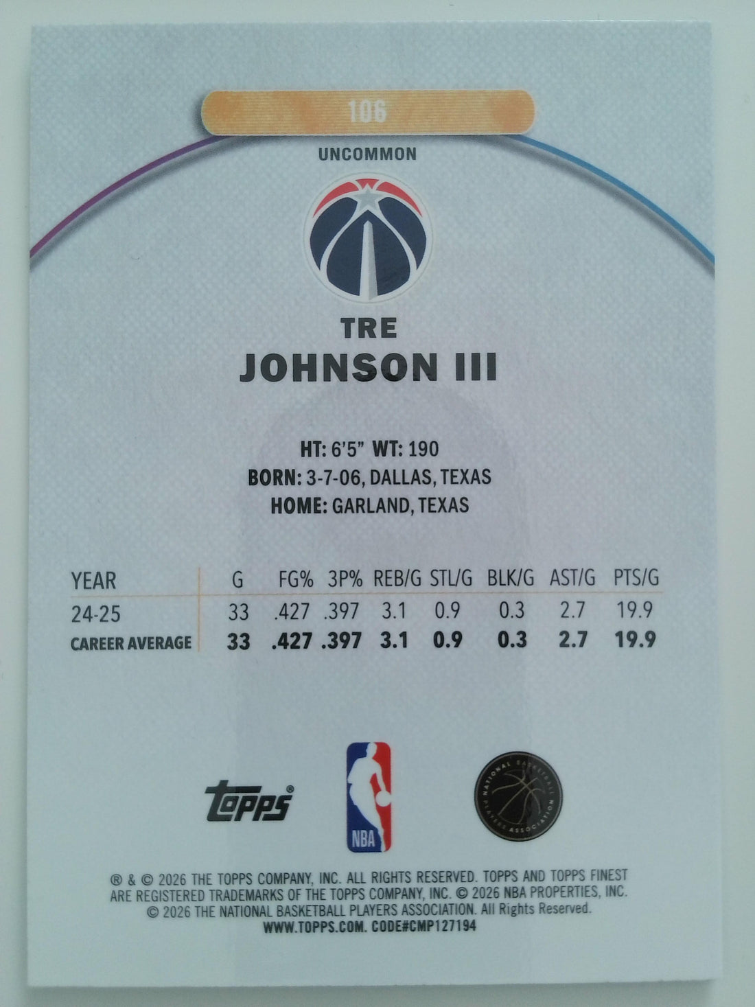 2025-26 Topps Finest Basketball Sky Blue Refractor 106/250 Tre Johnson III #106 RC