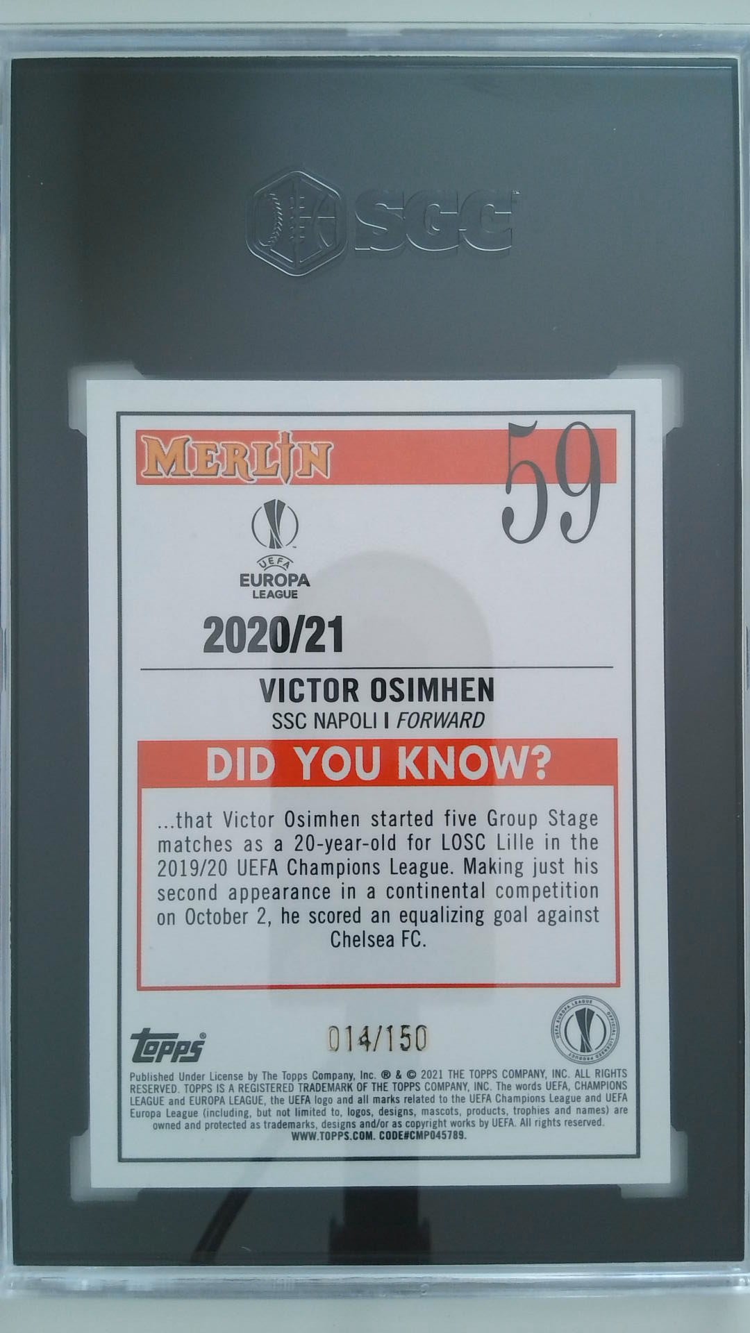 2020-21 Topps Chrome Merlin UEFA Speckle Refractor 14/150 Victor Osimhen #59 RC SGC 10