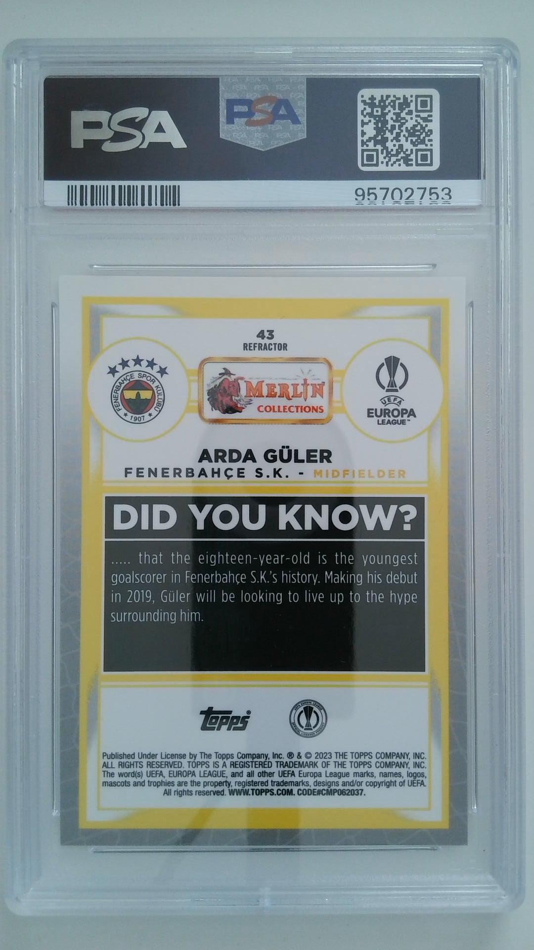 2022-23 Merlin Chrome UCC Refractor Arda Güler #43 RC PSA 10