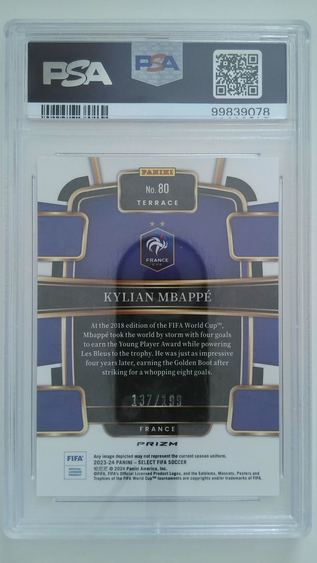 2023-24 Select FIFA Pink Mojo 137/199 Kylian Mbappe #80 PSA 10