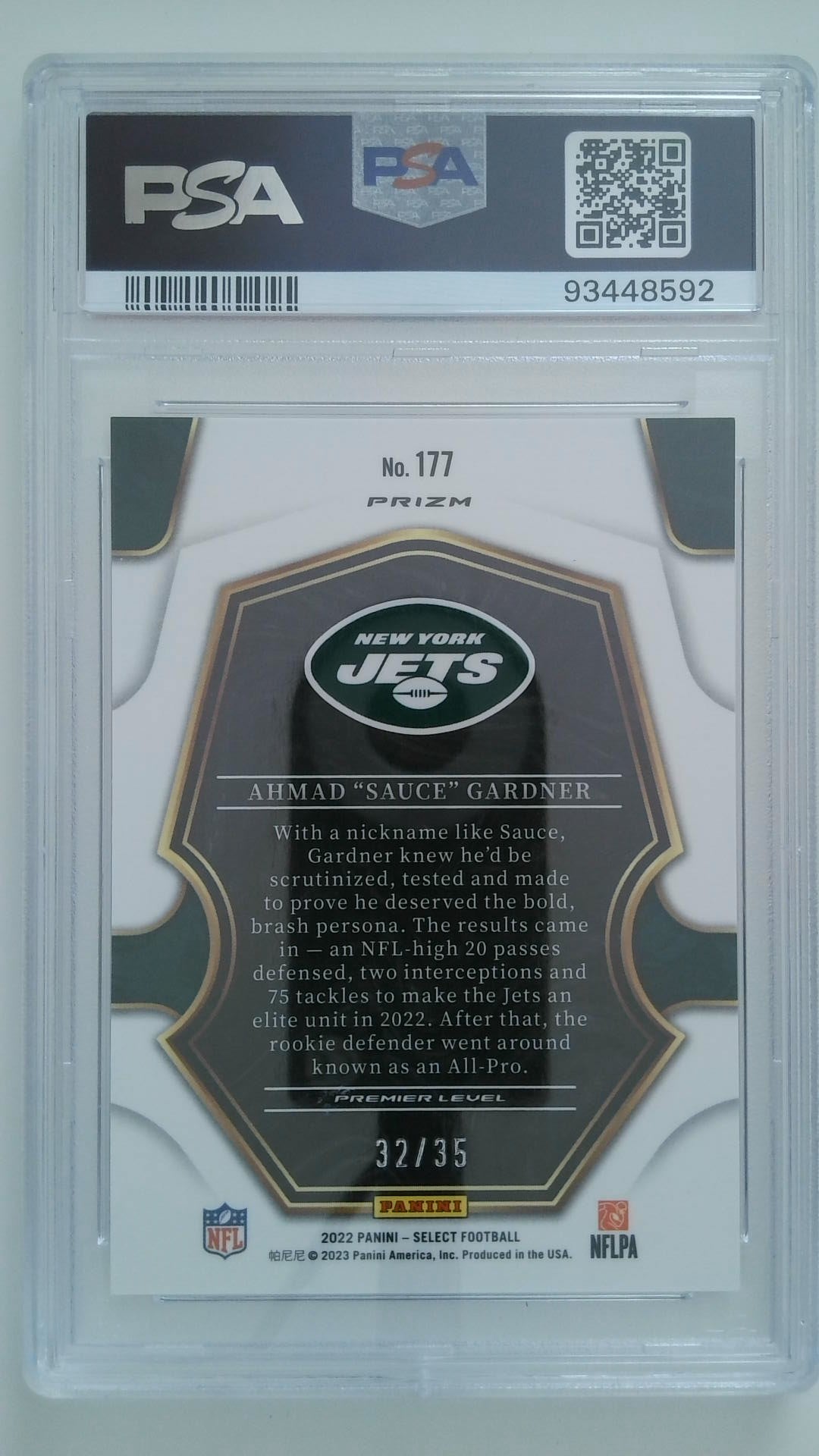 2022 Select White Prizm 32/35 Ahmad Sauce Gardner #177 RC PSA 10