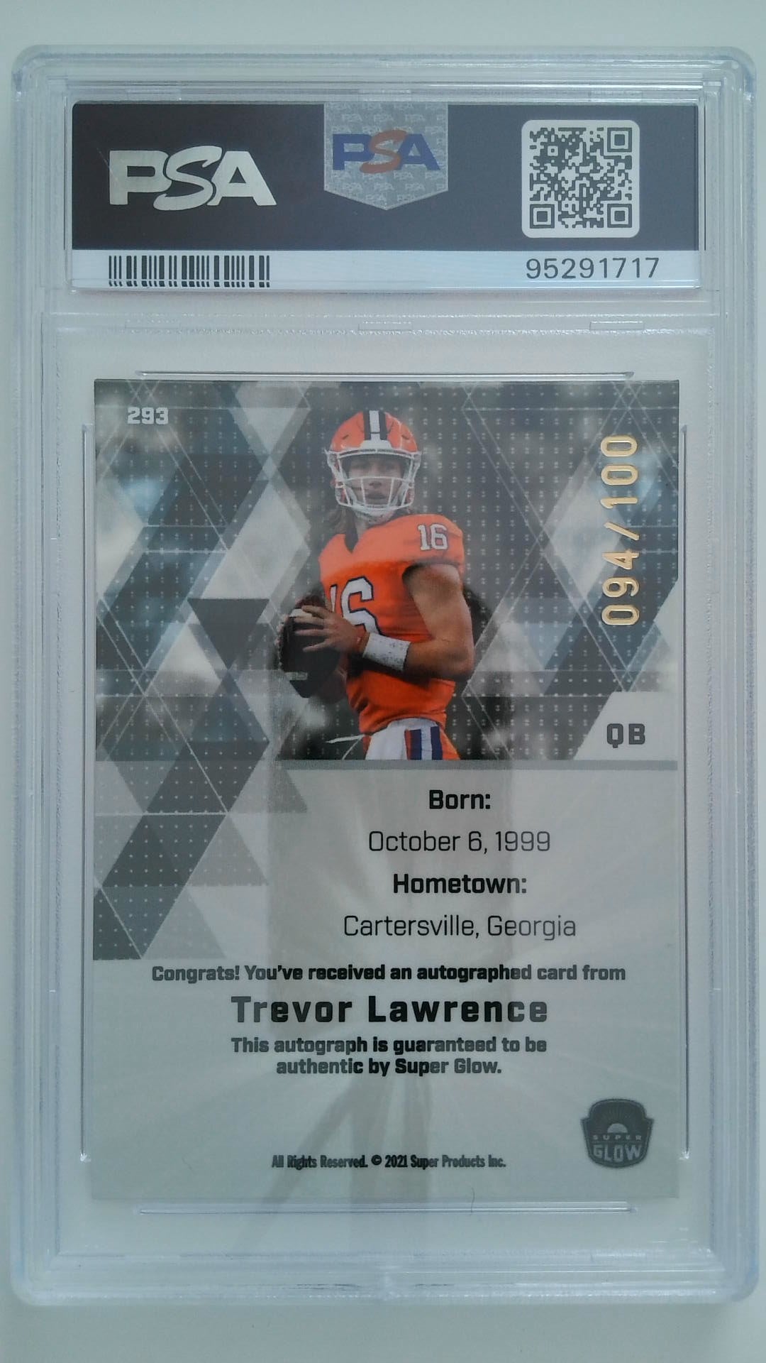2021 Super Glow Inaugural ED-AU-Orange Glow 94/100 Trevor Lawrence #293 PSA 9