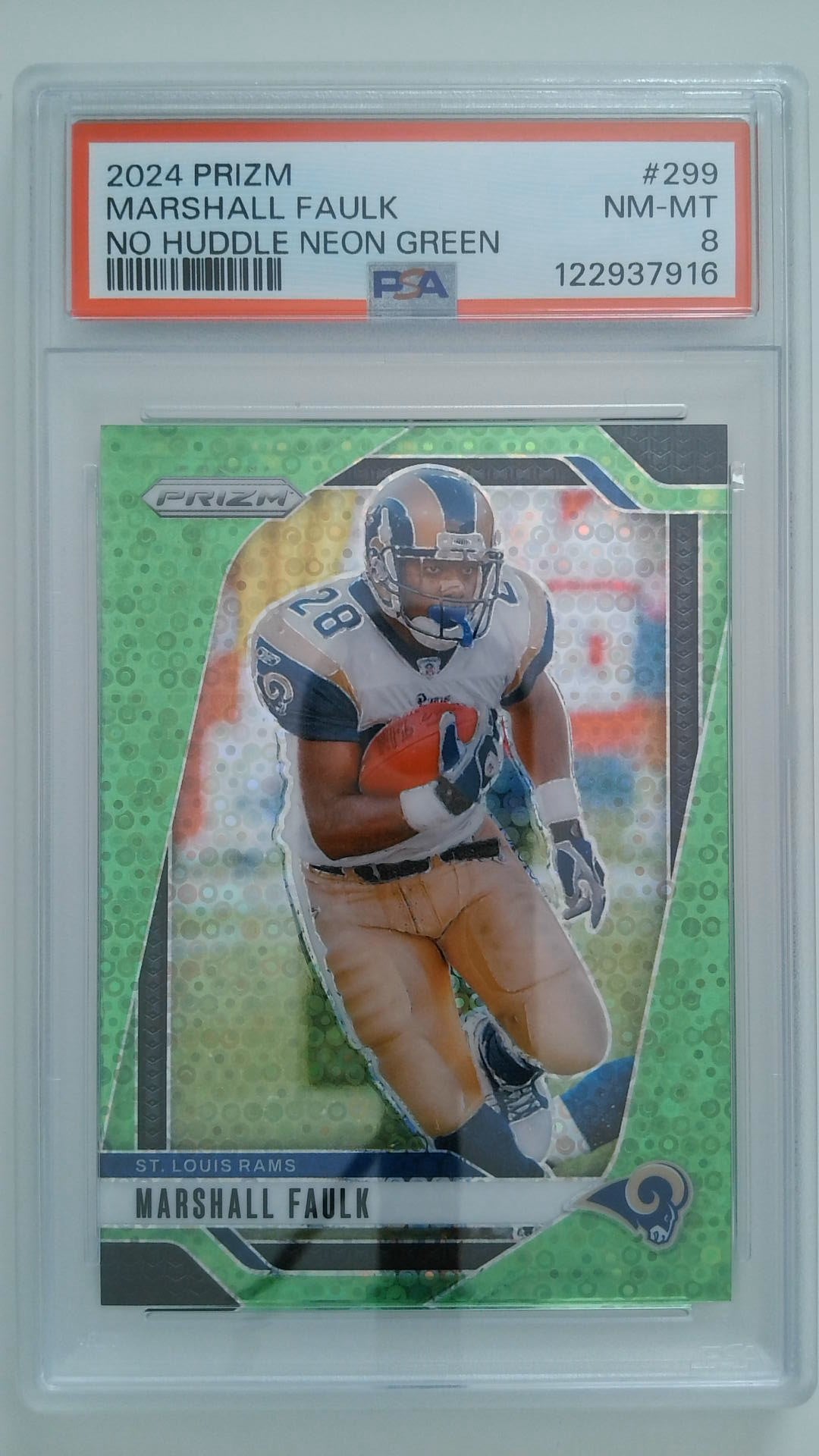 2024 Prizm No Huddle Neon Green 04/10 Marshall Faulk #299 PSA 8