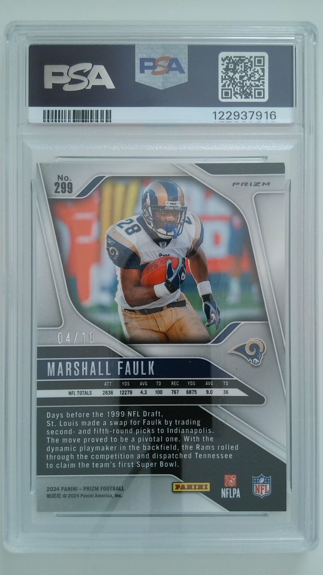 2024 Prizm No Huddle Neon Green 04/10 Marshall Faulk #299 PSA 8