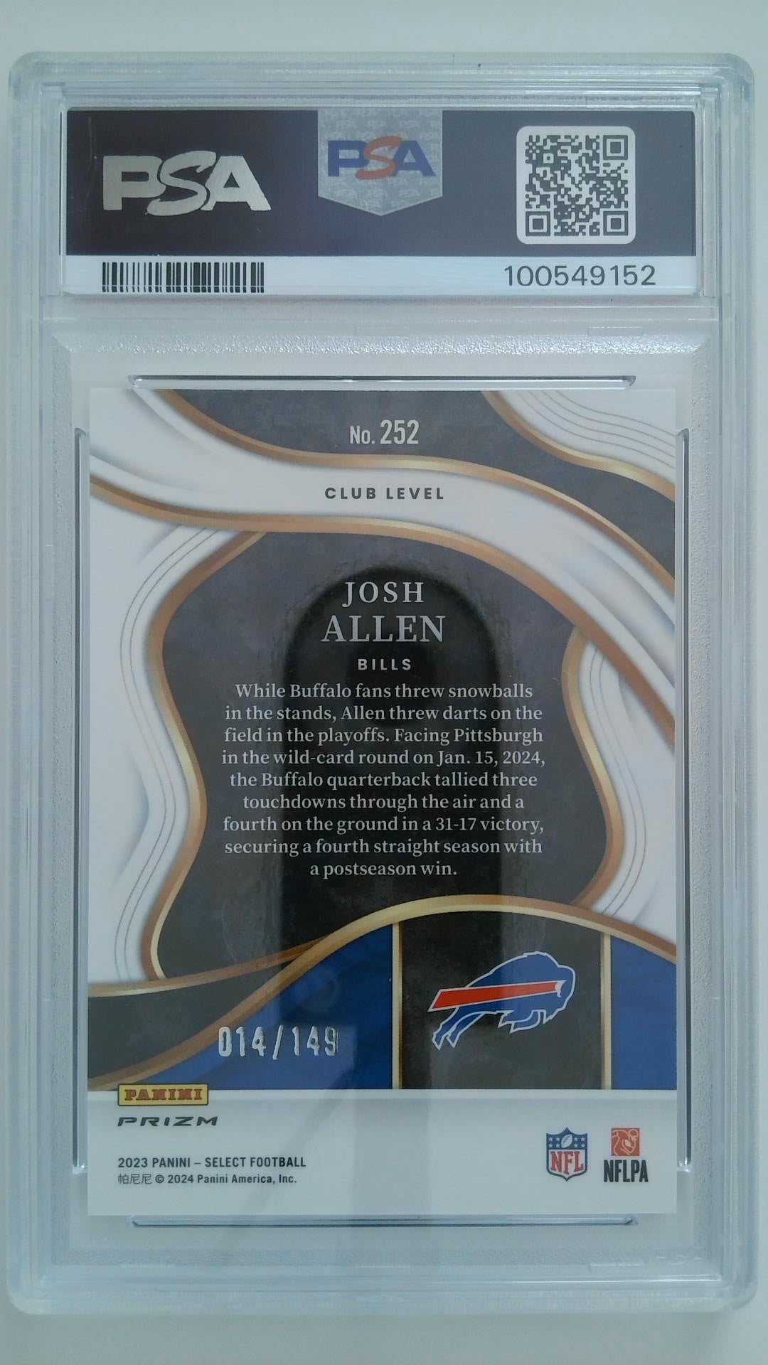 2023 Select Tri-Color Prizm 014/149 Josh Allen #252 PSA 10