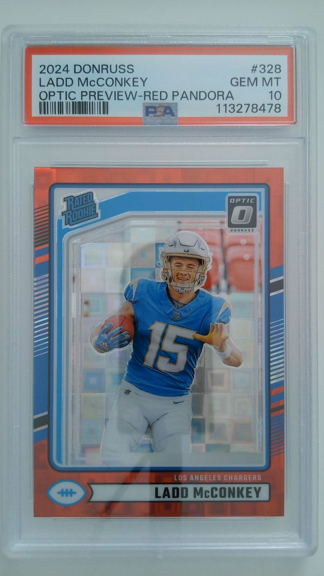 2024 Donruss Optic Preview-Red Pandora Ladd McConkey #328 RC PSA 10