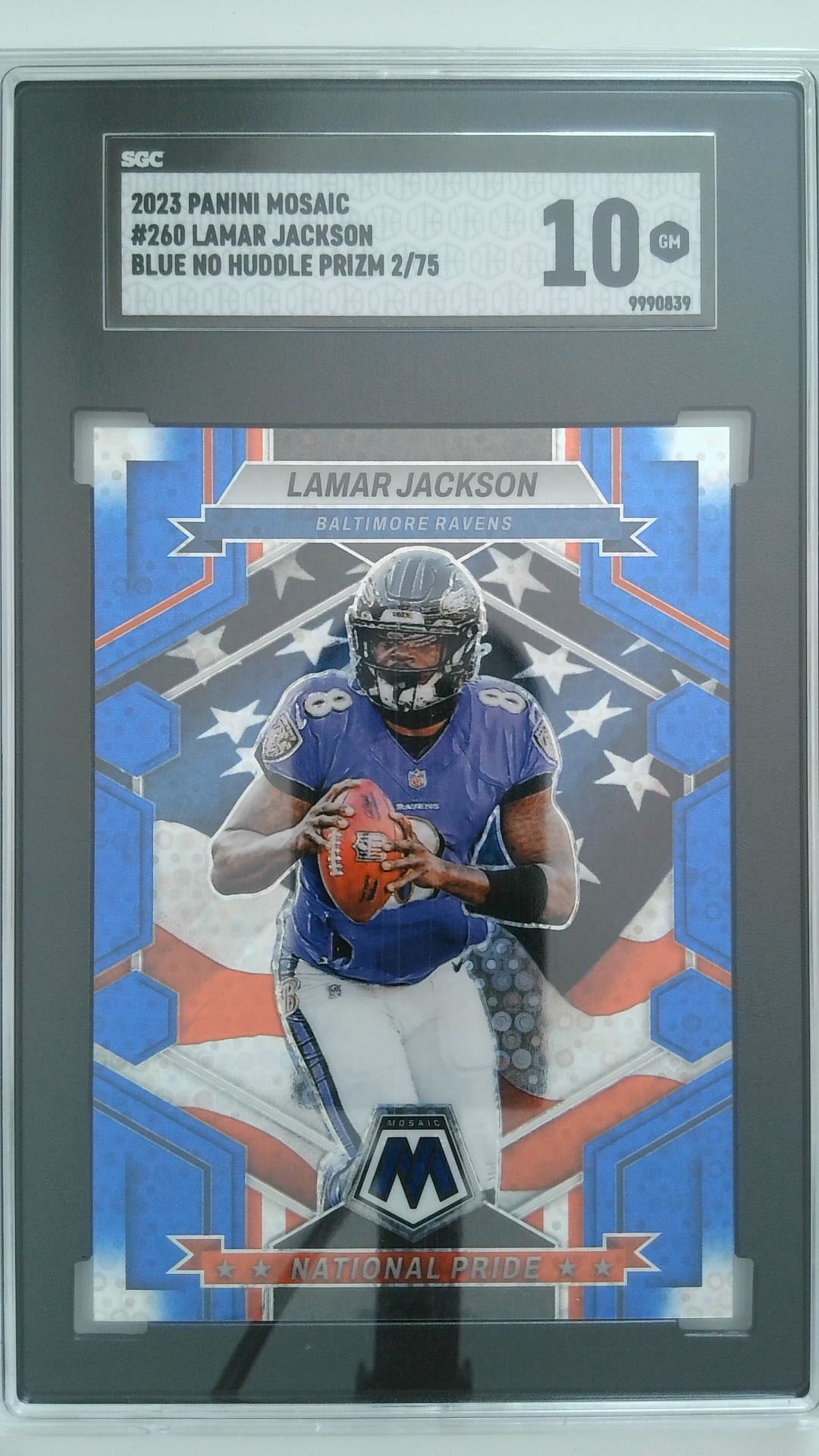 2023 Panini Mosaic Blue No Huddle Prizm 2/75 Lamar Jackson #260 SGC 10
