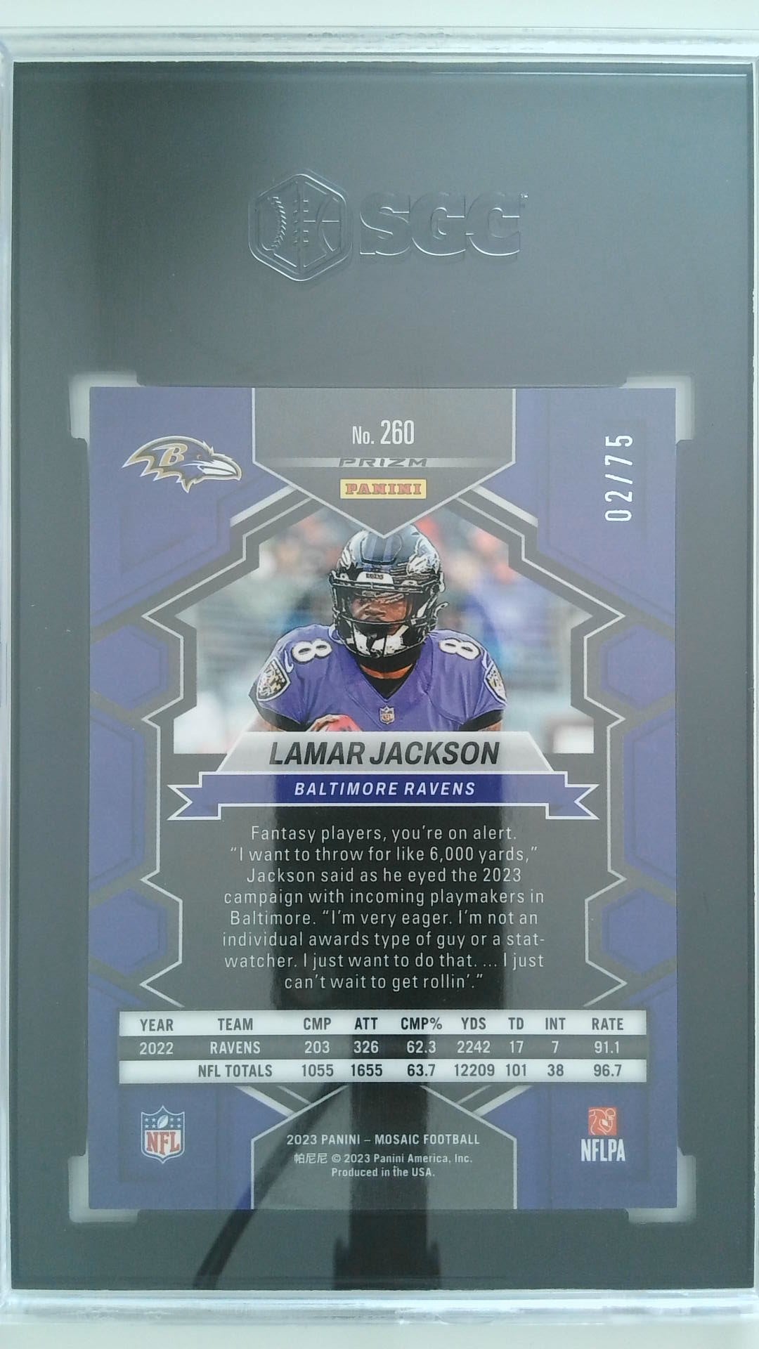 2023 Panini Mosaic Blue No Huddle Prizm 2/75 Lamar Jackson #260 SGC 10