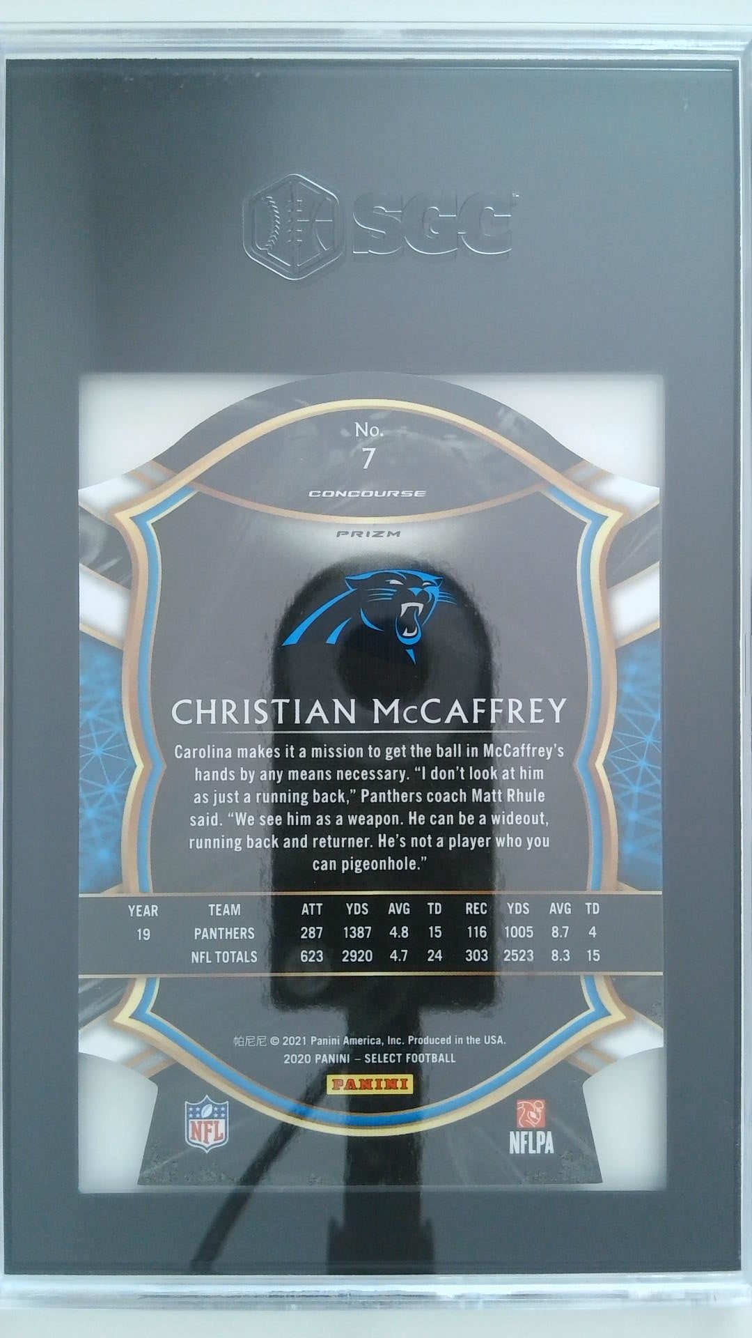 2020 Panini Select Tri Color Die-Cut Prizm Christian McCaffrey #7 SGC 10