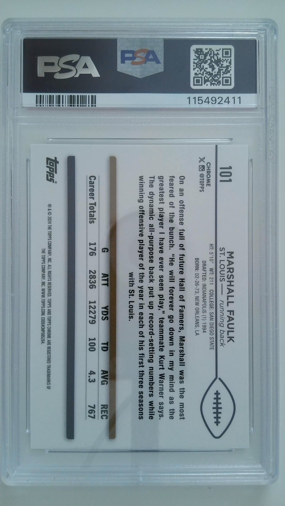 2024 Topps Chrome Green Sonar 02/99 Marshall Faulk #101 PSA 10