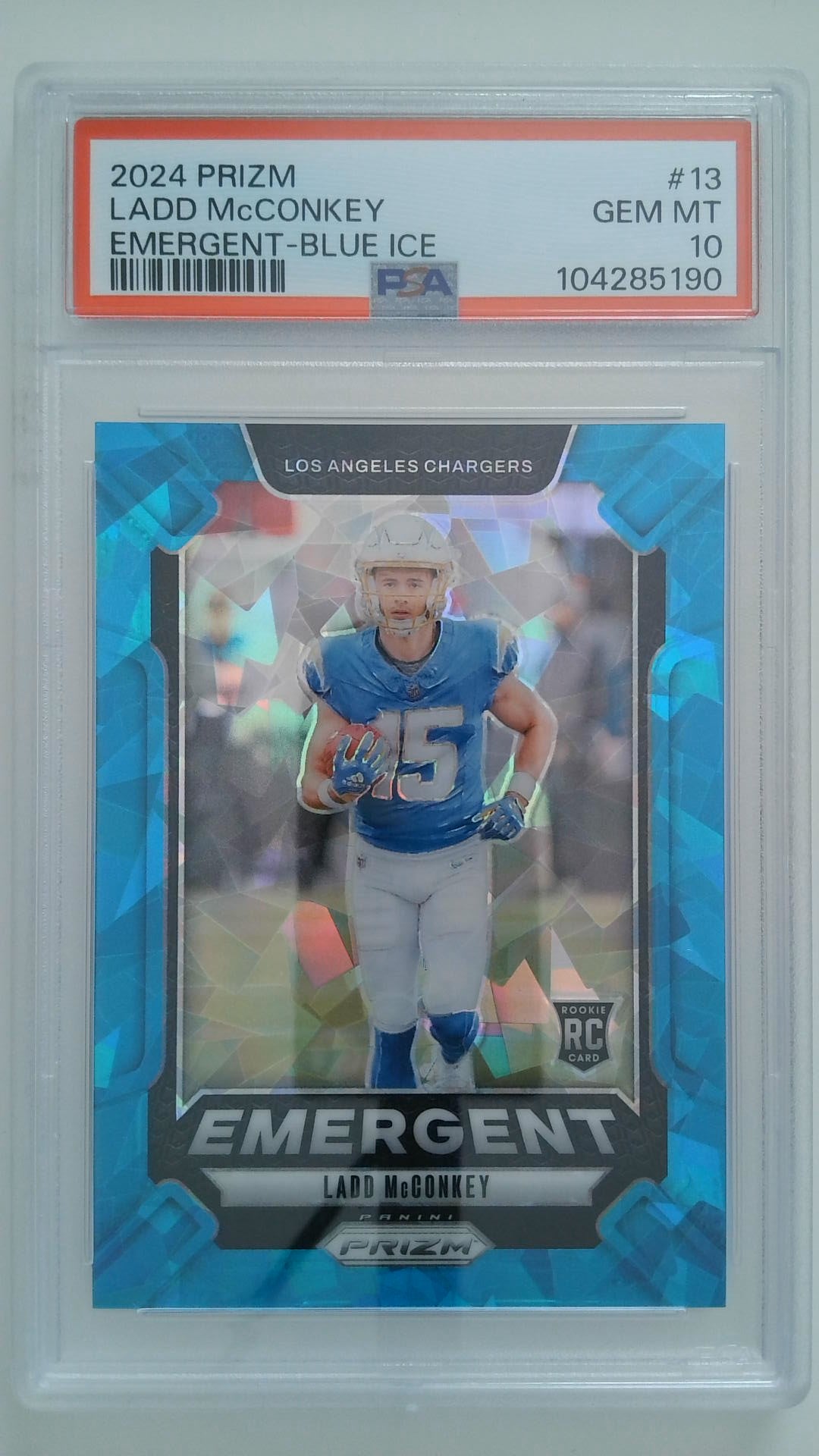 2024 Prizm Emergent-Blue Ice 78/99 Ladd McConkey #13 RC PSA 10