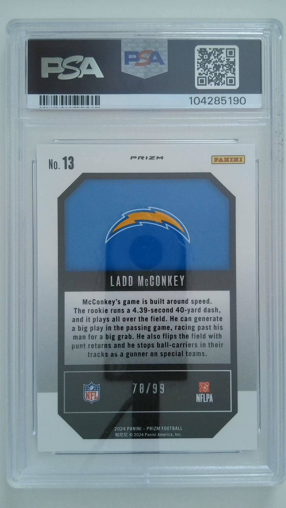 2024 Prizm Emergent-Blue Ice 78/99 Ladd McConkey #13 RC PSA 10