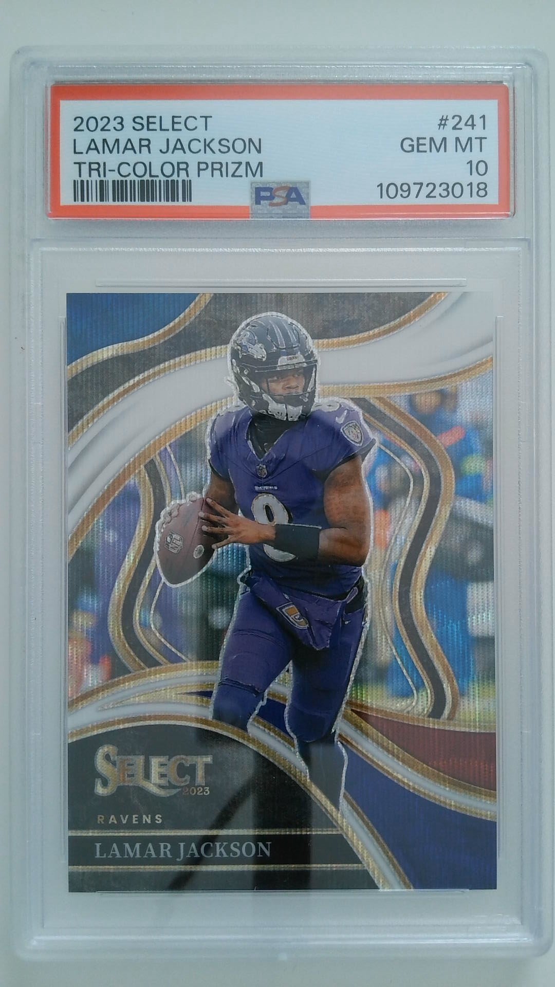 2023 Select Tri-Color Prizm 036/149 Lamar Jackson #241 PSA 10