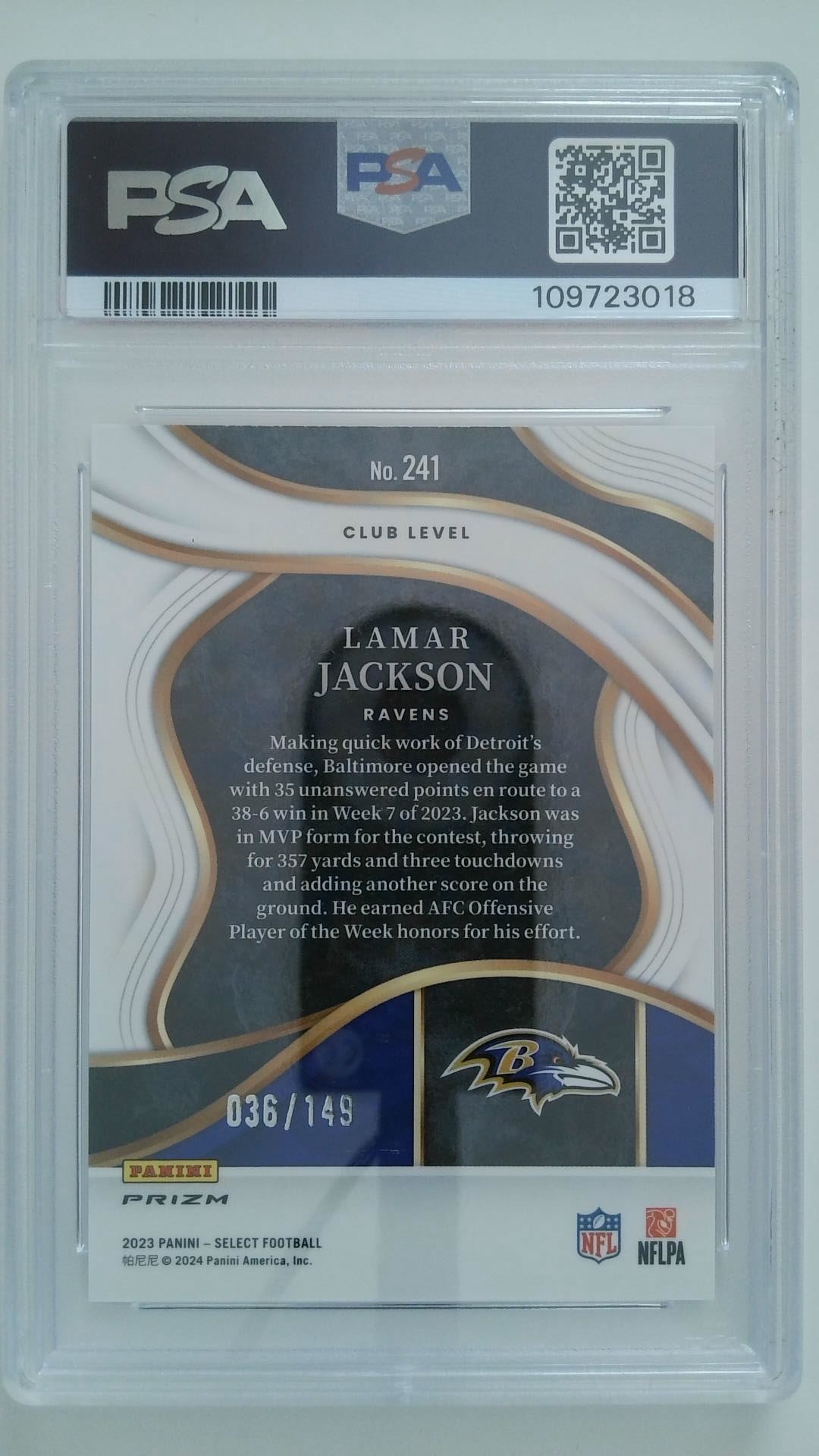 2023 Select Tri-Color Prizm 036/149 Lamar Jackson #241 PSA 10
