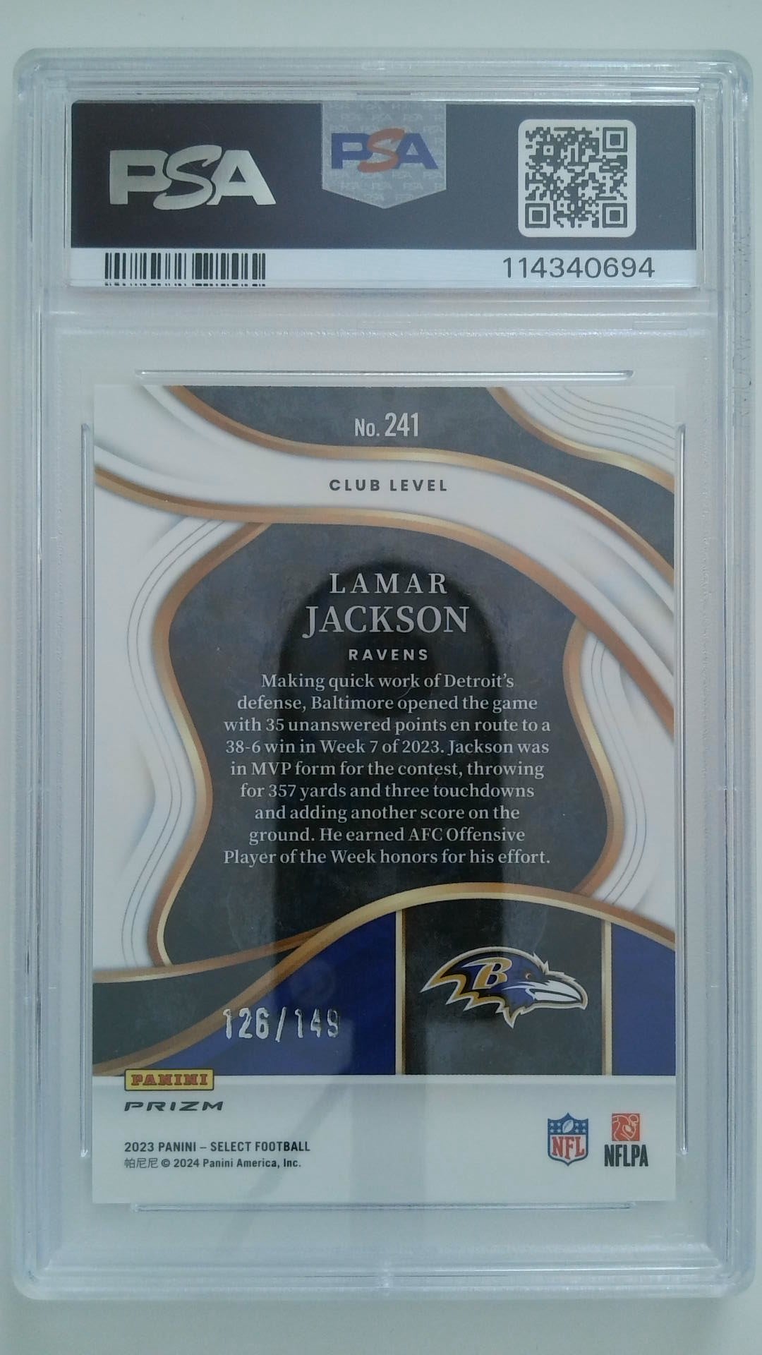 2023 Select Tri-Color Prizm 126/149 Lamar Jackson #241 PSA 10