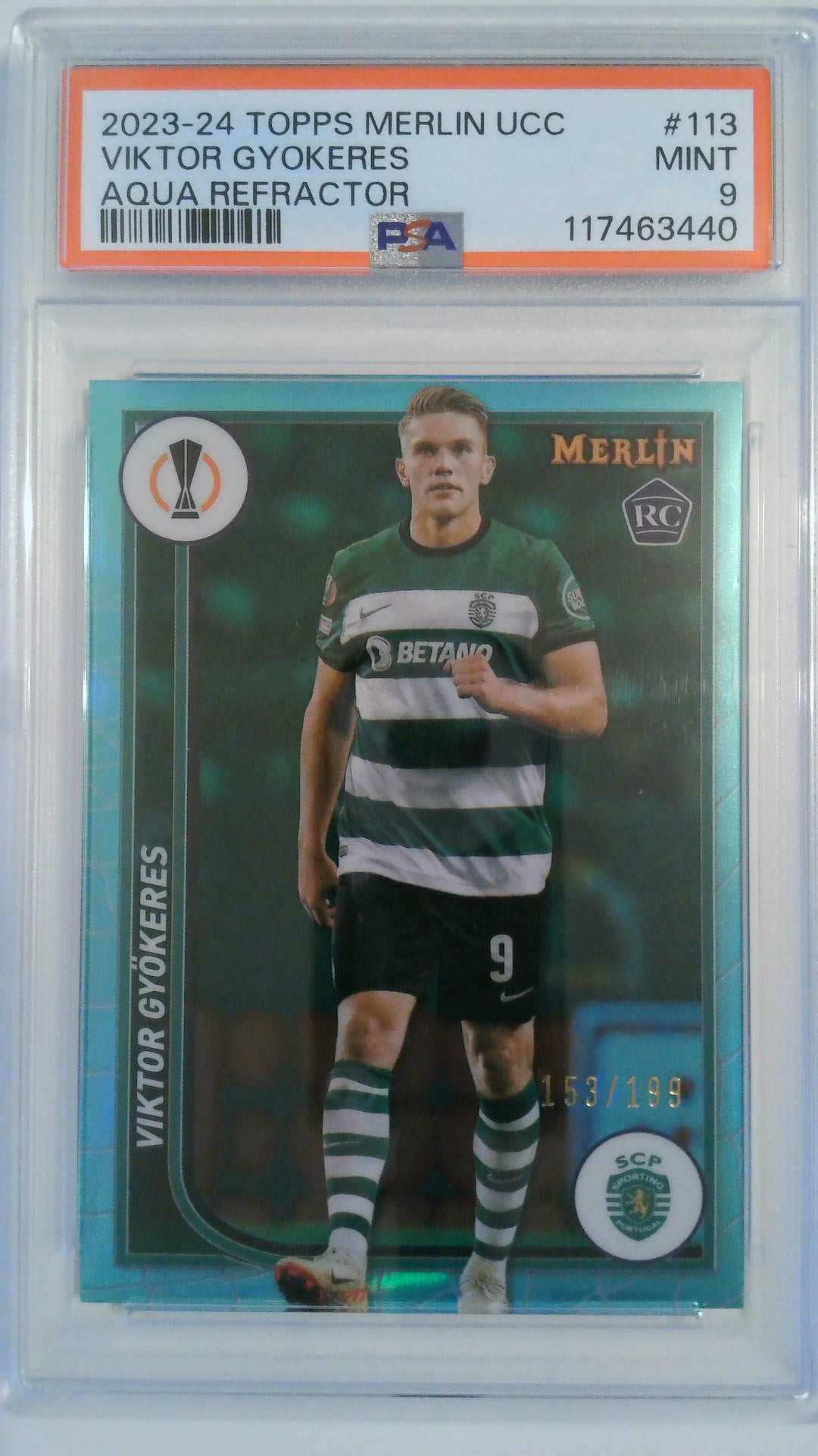 2023-24 Topps Merlin UCC Aqua Refractor 153/199 Viktor Gyokeres #113 RC PSA 9