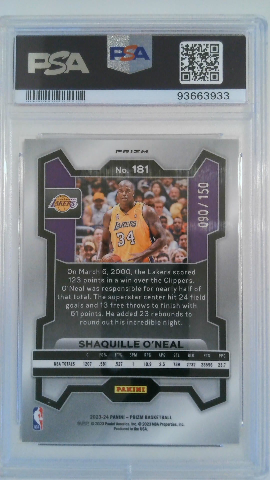2023 Prizm Blue Fast Break 090/150 Shaquille O'Neal #181 PSA 10