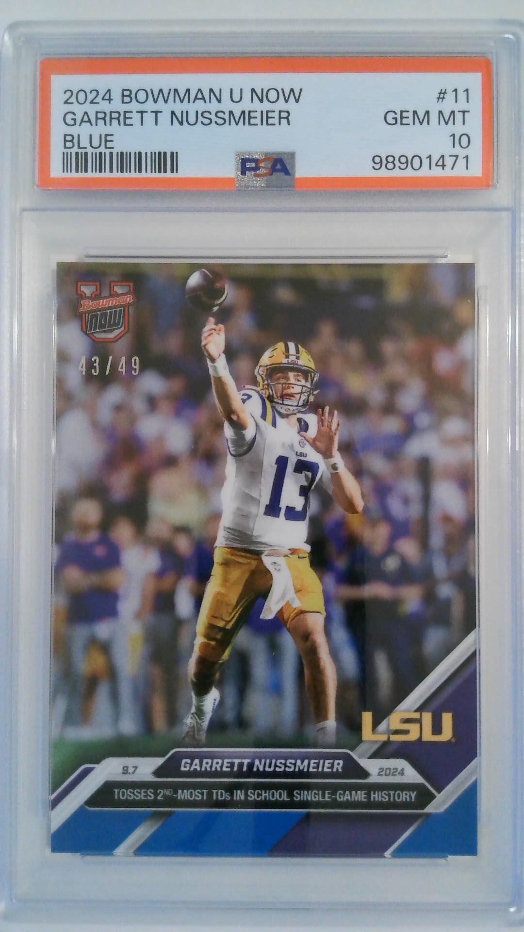 2024 Bowman University Now Blue 43/49 Garrett Nussmeier #11 PSA 10