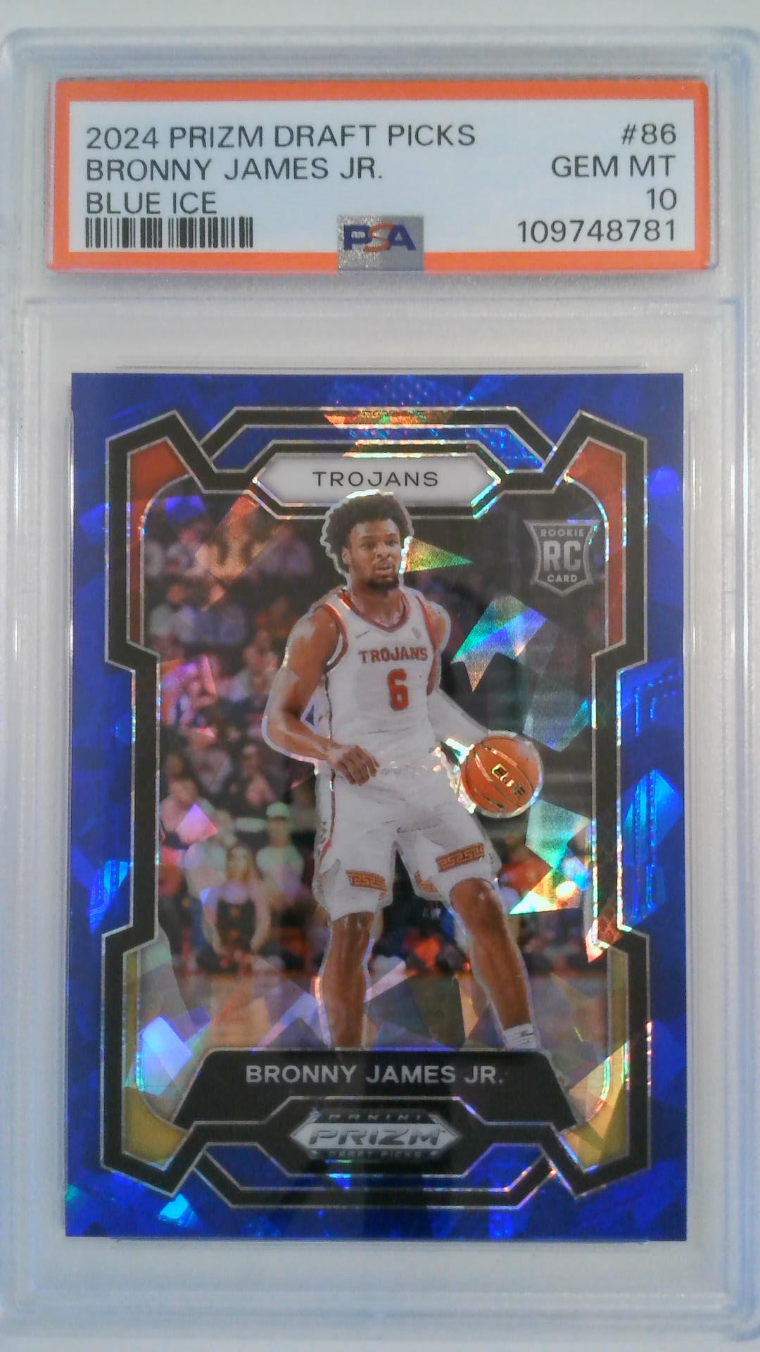 2024 Prizm Draft Picks Blue Ice 77/99 Bronny James Jr. #86 RC PSA 10