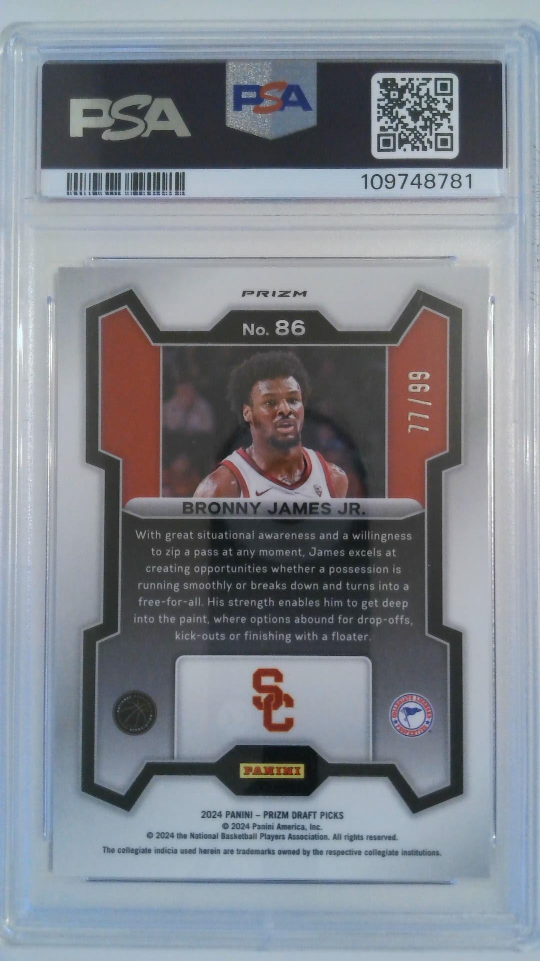 2024 Prizm Draft Picks Blue Ice 77/99 Bronny James Jr. #86 RC PSA 10