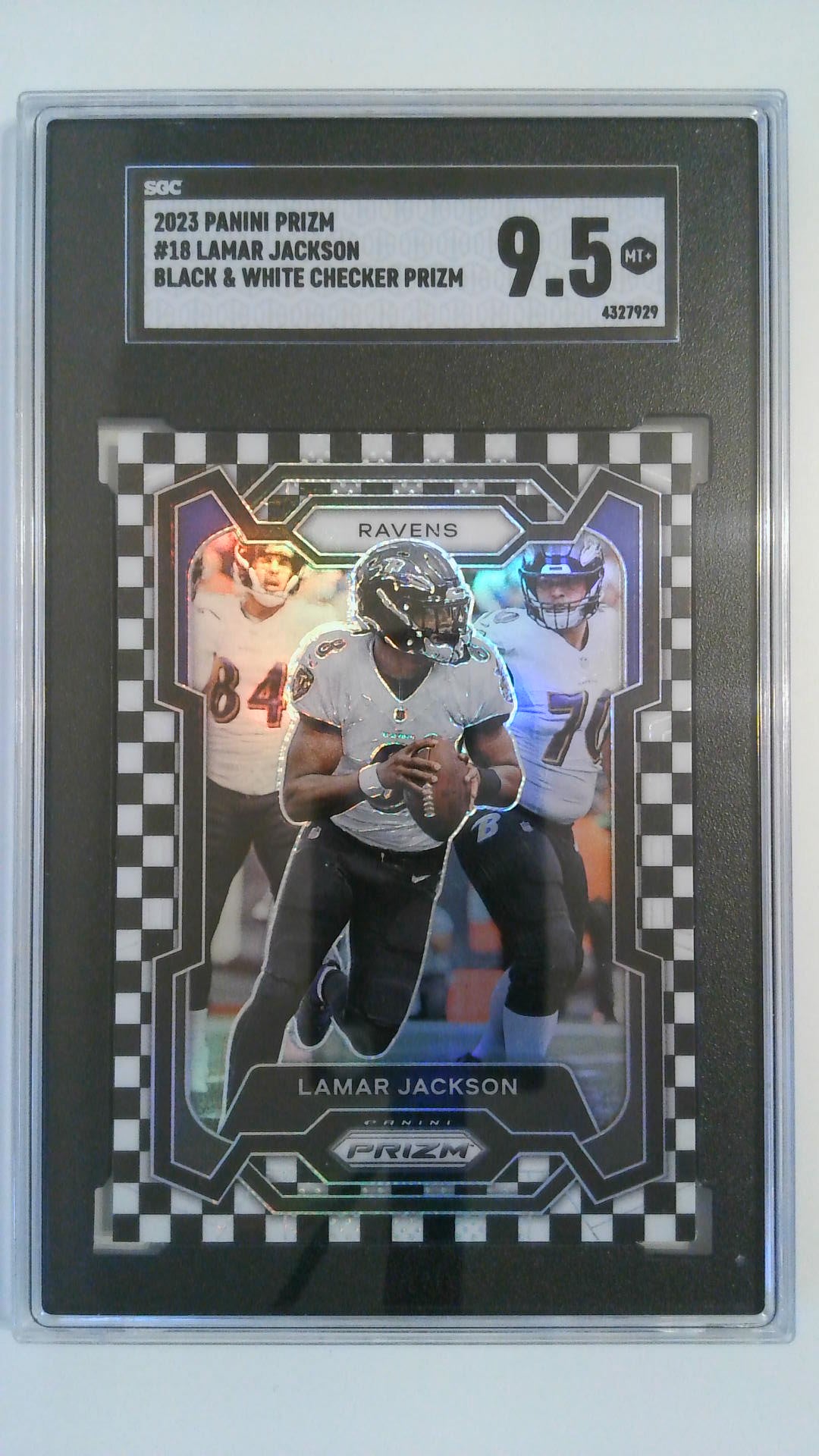 2023 Panini Prizm Black & White Checker Prizm Lamar Jackson #18 SGC 9.5