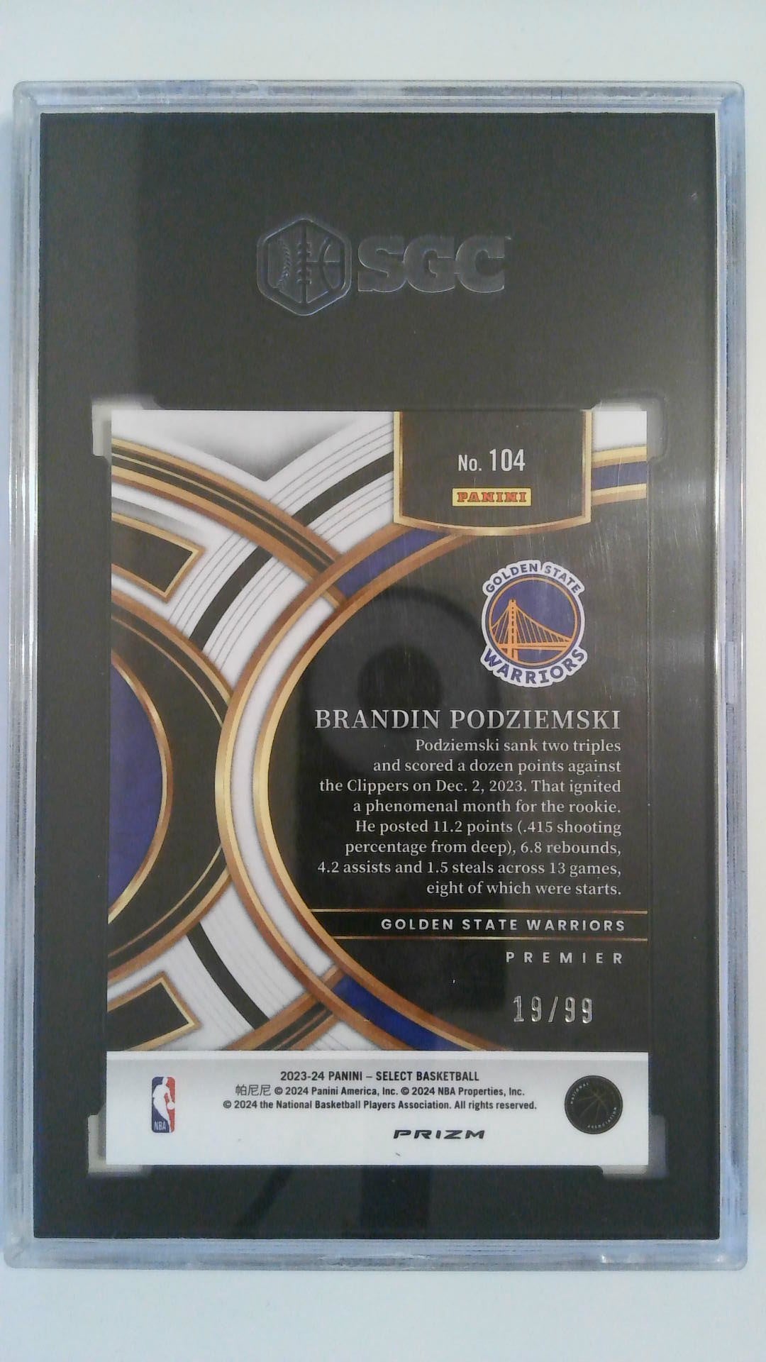 2023-24 Panini Select Light Blue Disco Prizm 19/99 Brandin Podziemski #104 RC SGC 10