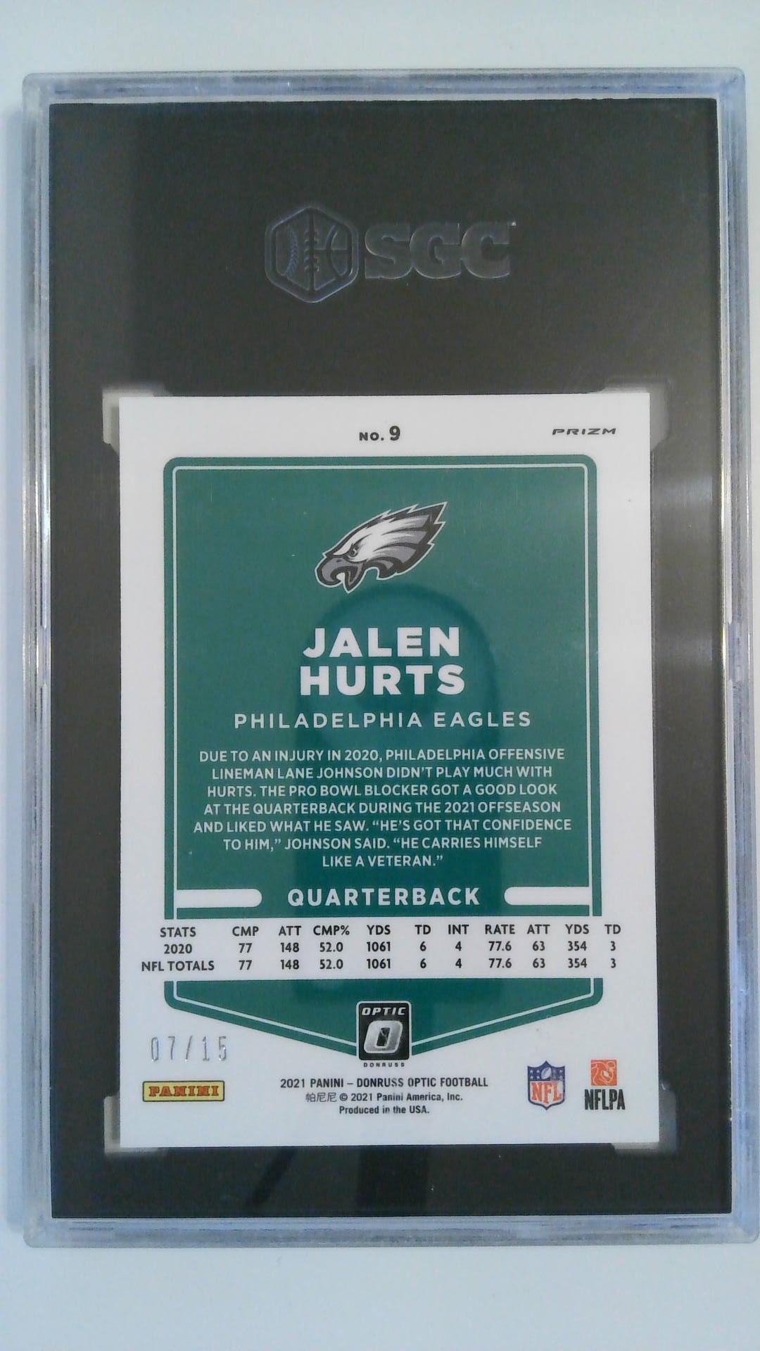 2021 Donruss Optic Purple Stars Prizm 7/15 Jalen Hurts #9 SGC 9.5