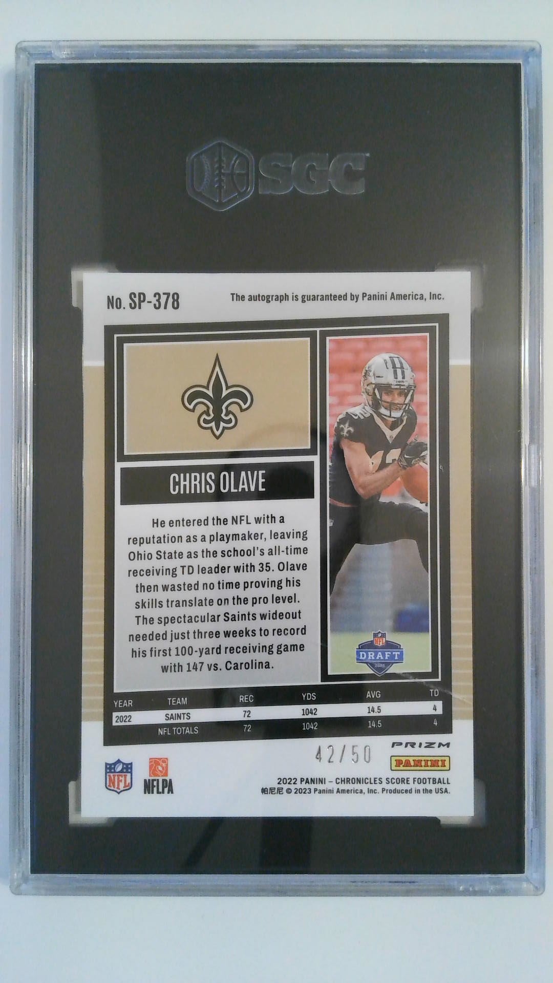 2022 Panini Chronicles Score Premium Rookie Autograph Gold Zone 42/50 Chris Olave #SP-378 RC SGC 10/9.5