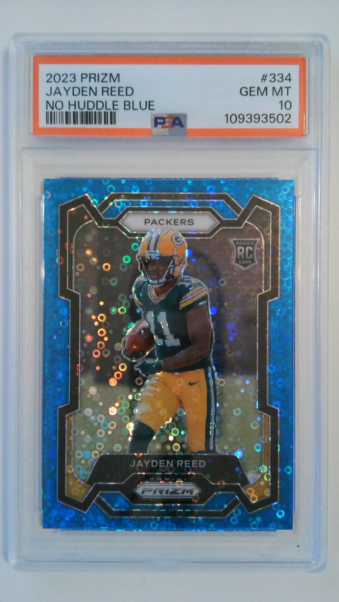 2023 Prizm No Huddle Blue 55/95 Jayden Reed #334 RC PSA 10